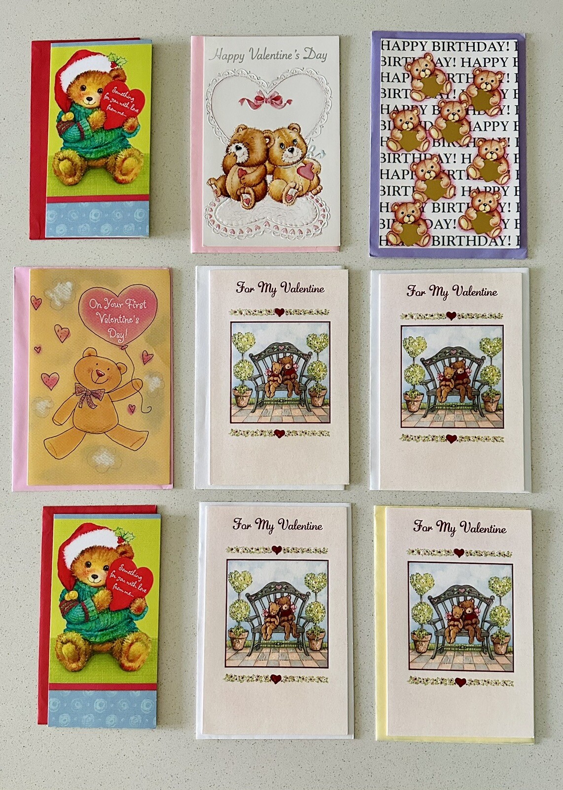 Lot Of 9 Teddy Bear Greeting Cards With Envelopes & Valentines /Birthday