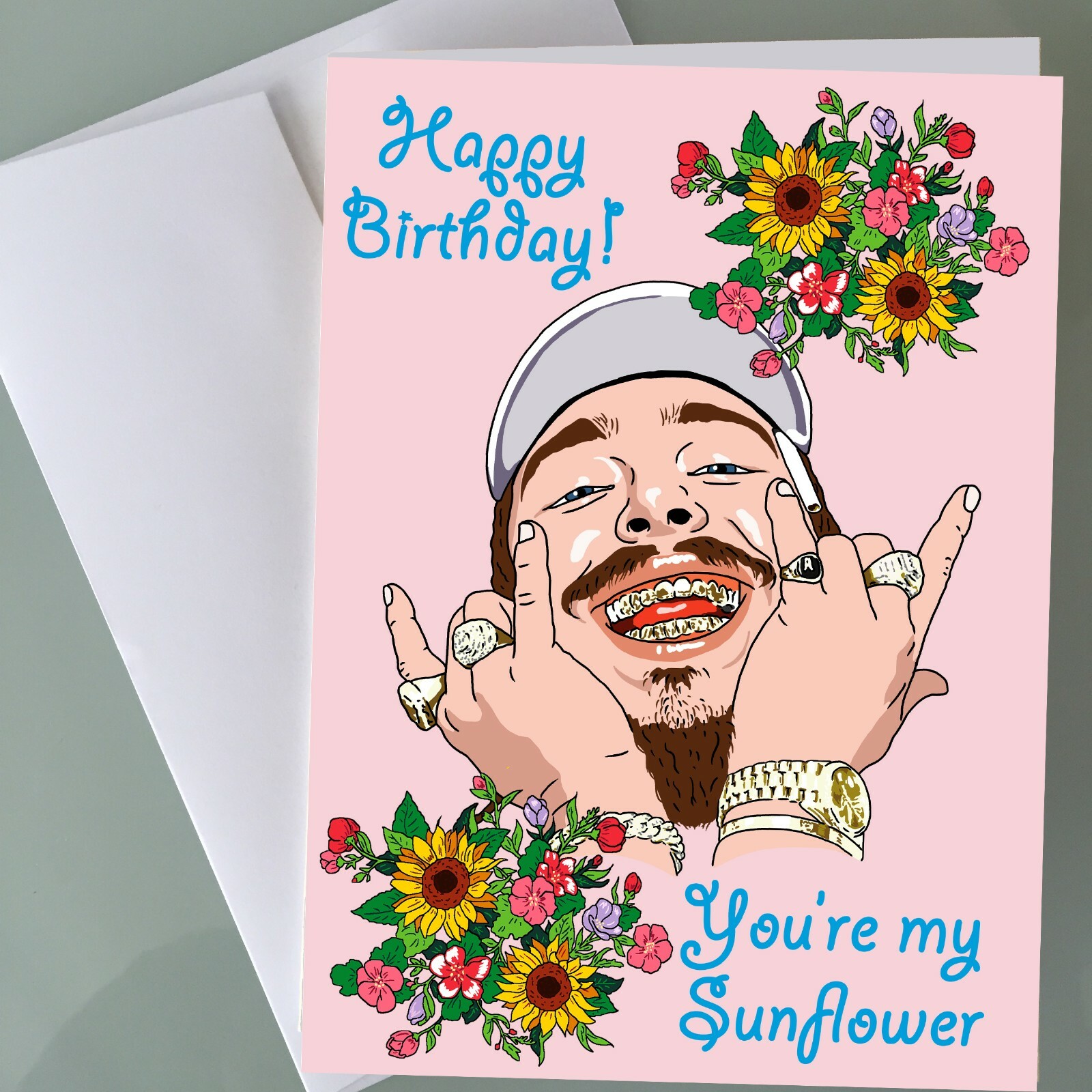 Post Malone Sunflower Birthday Card – Funny Birthday Card Hip Hop Fan Art Happy