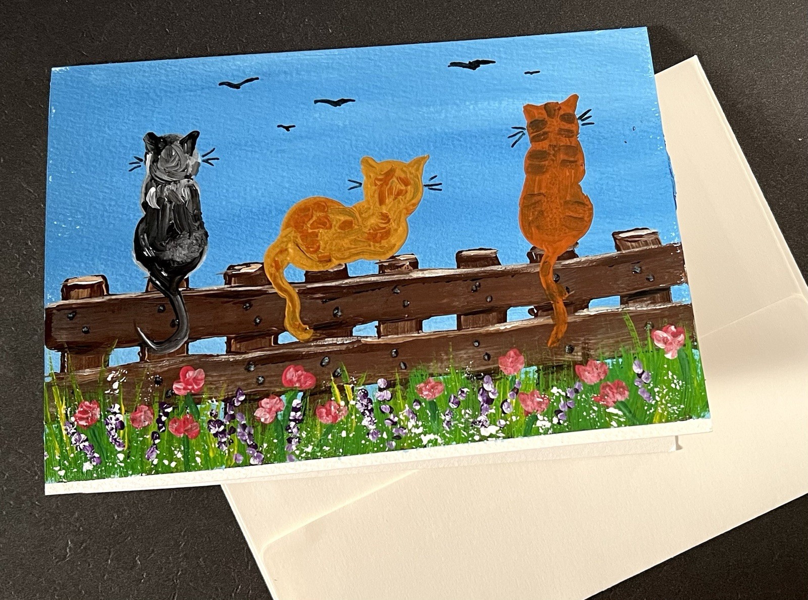 Framable Hand Painted Blank Greeting Card 5×7” w/Envelope Sitting Cats On Fence