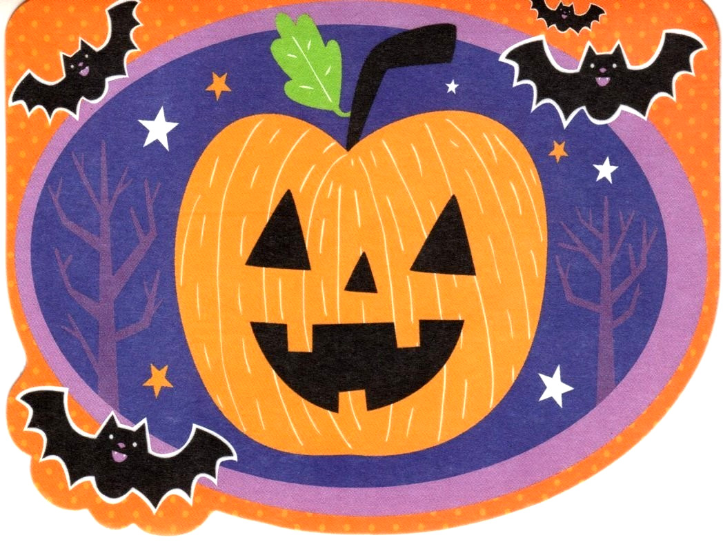 Happy Halloween Pumpkin Black Bat Bats Die Cut Greeting Card – Set of 5