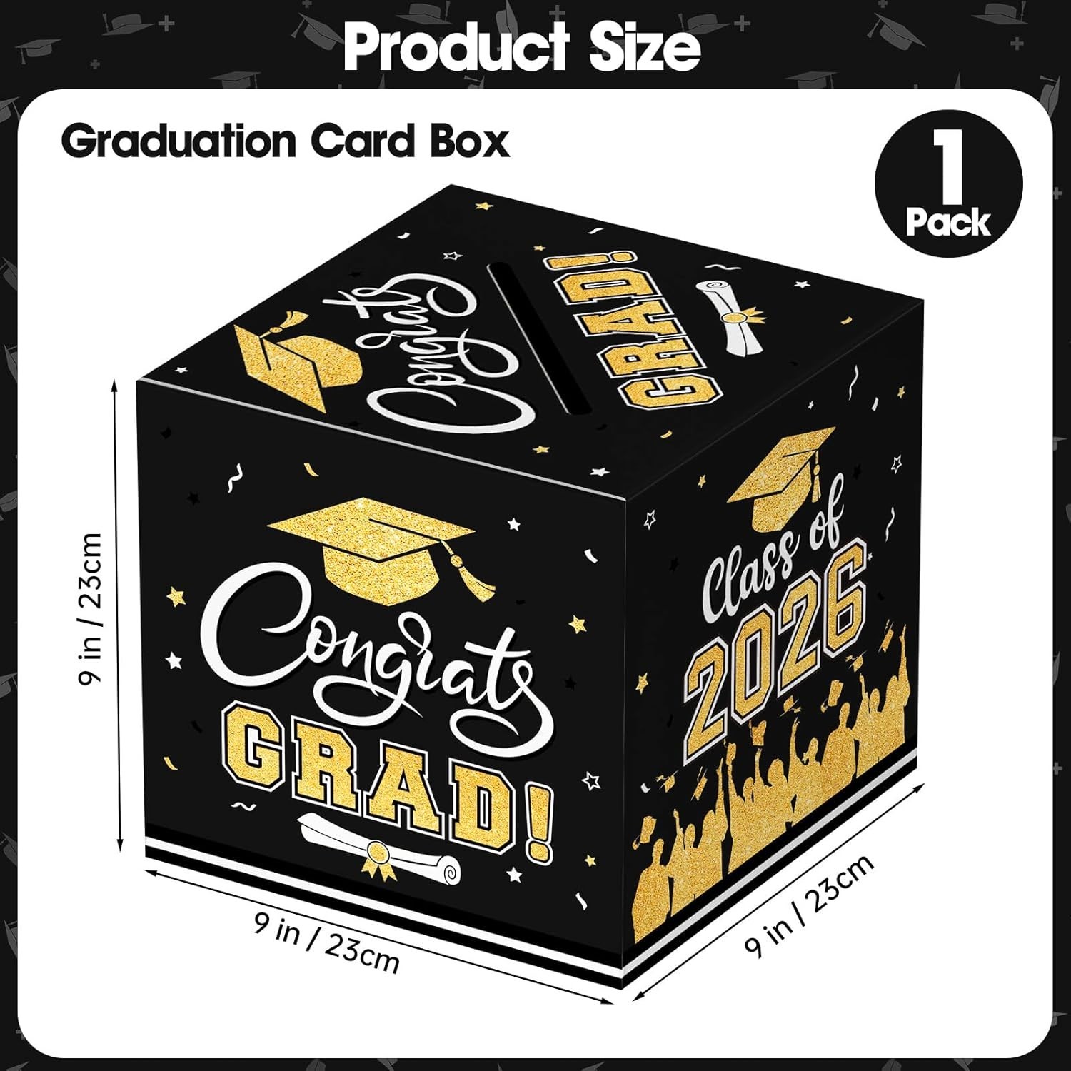 Black & Gold Graduation Card Box 2026, 9x9x9 inches, Class of 2026 Gift Organ…