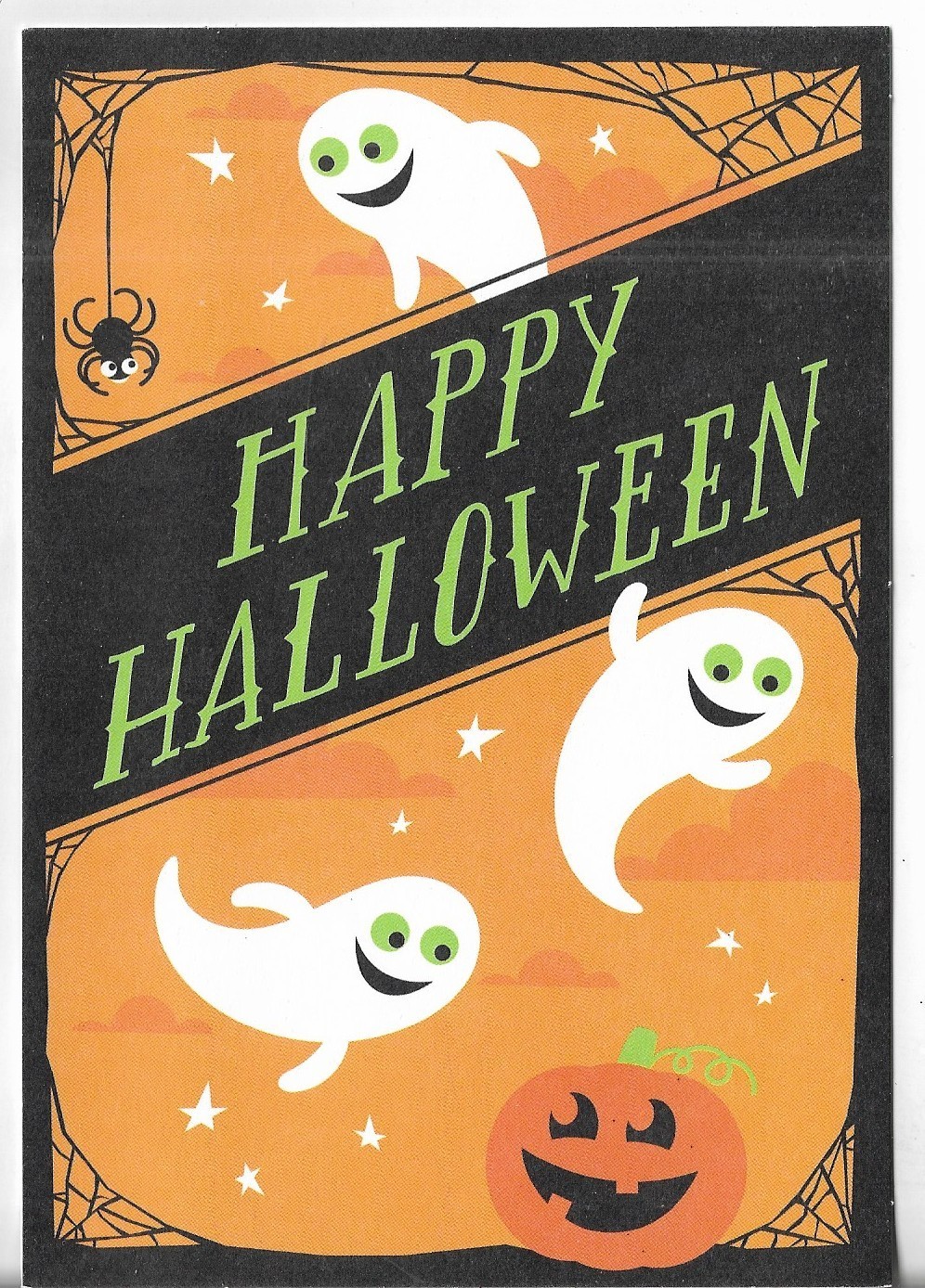 NEW Hallmark CARD 4.5×6.75 Happy Halloween Three Ghosts Spider Pumpkin