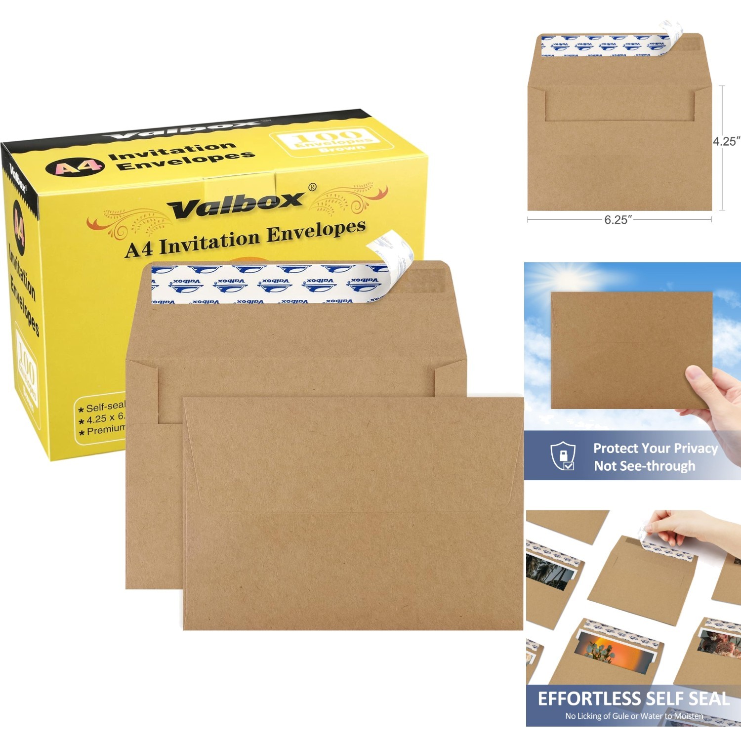 A4 Photo Envelopes 100 Pack Brown Kraft Self Seal 4×6 Card Invitations Wedding