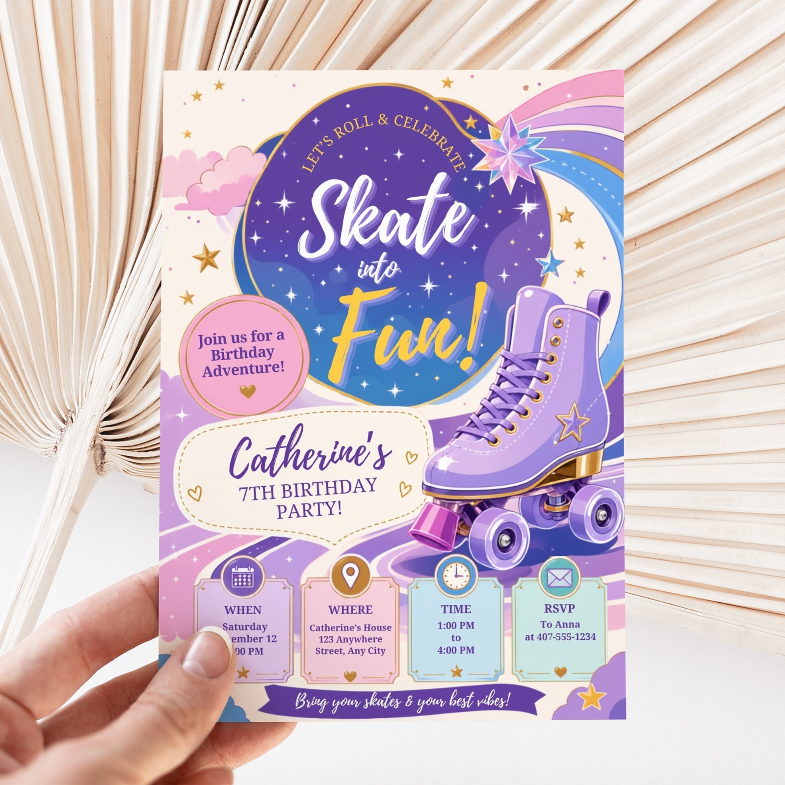 Roller Skating Birthday Invitation Editable Canva Template 5×7 Digital Download