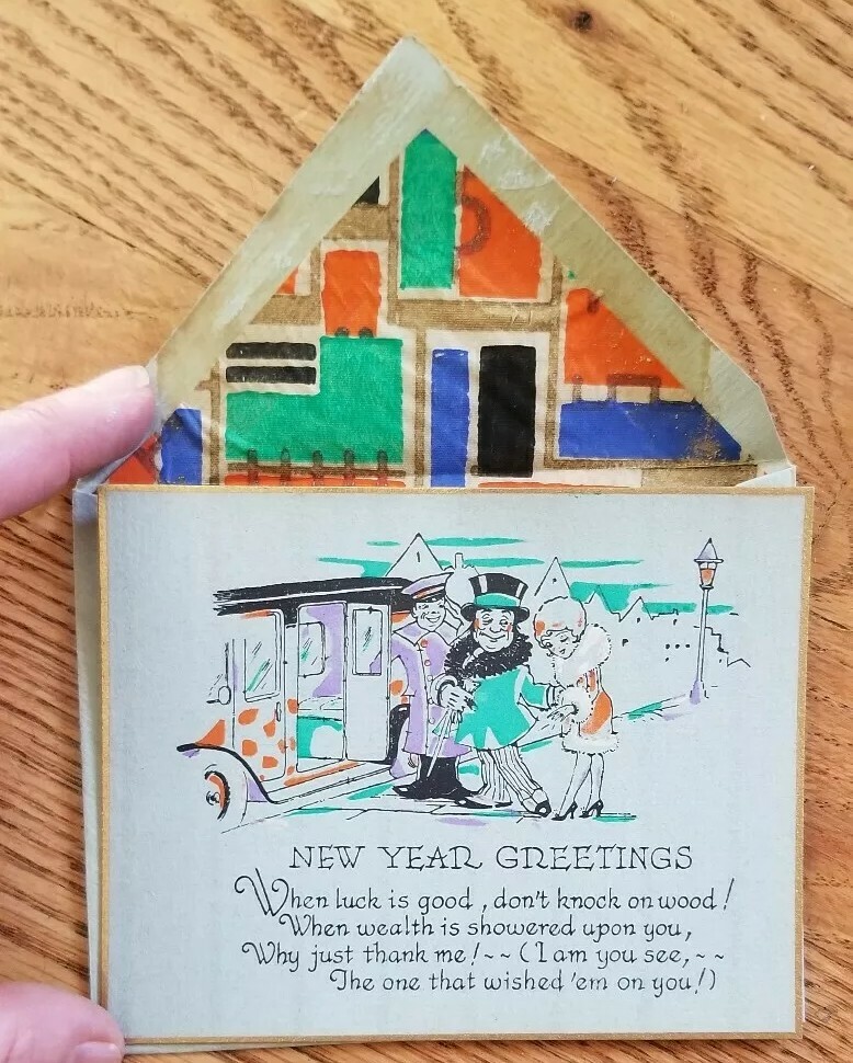 Antique Vintage New Years card unused colorful art Deco. 1930’s?