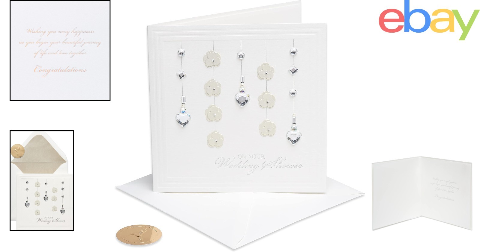 Charming Wedding Card for Shower Celebration with Heart Crystals and Envelope