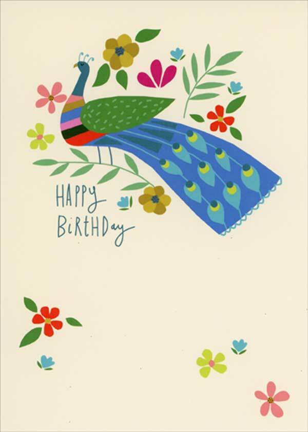 RSVP Peacock and Flowers on Cream Birthday Card