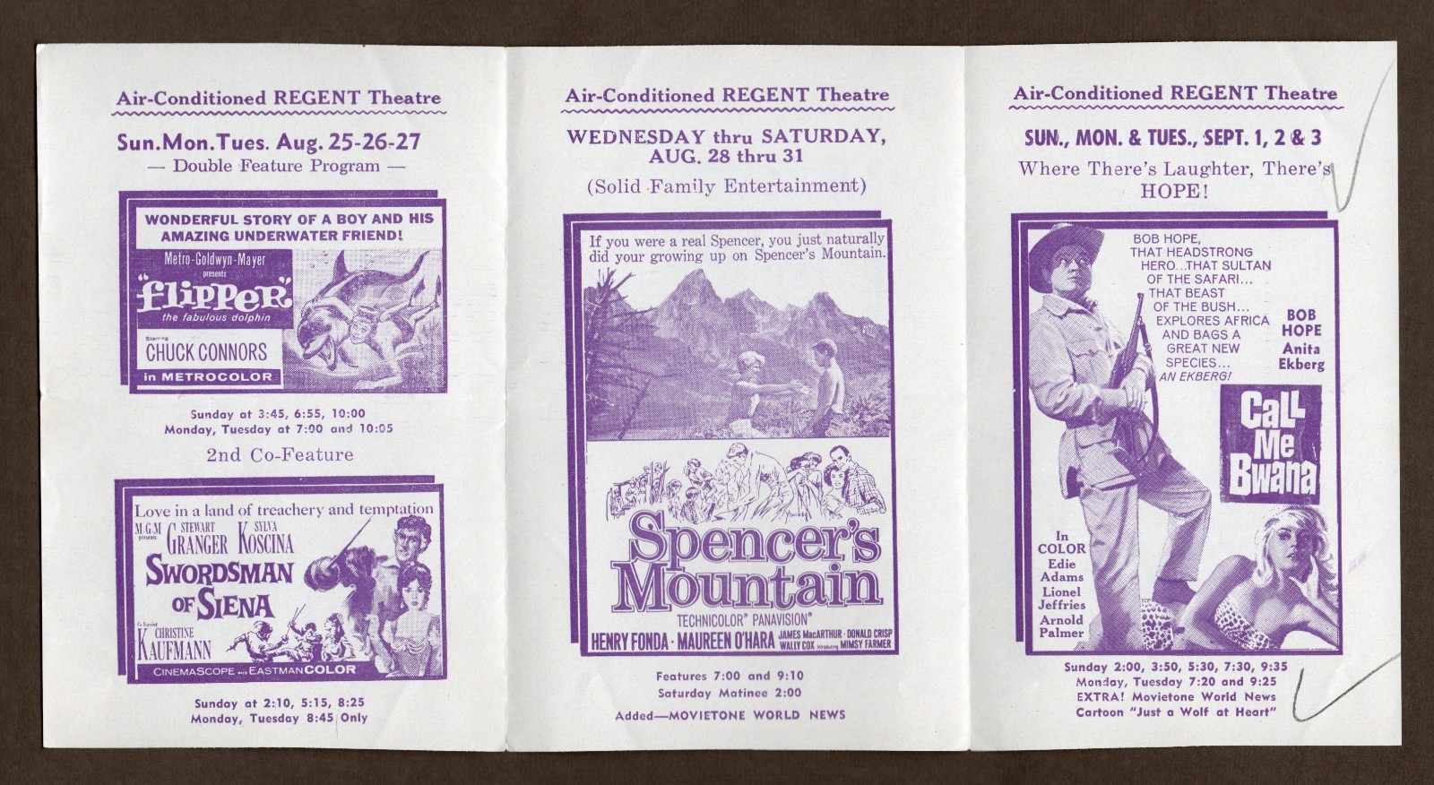 Regent Theater Handbill Flyer Advertisement, Vintage 1963, Tarzan Bob Hope Fonda