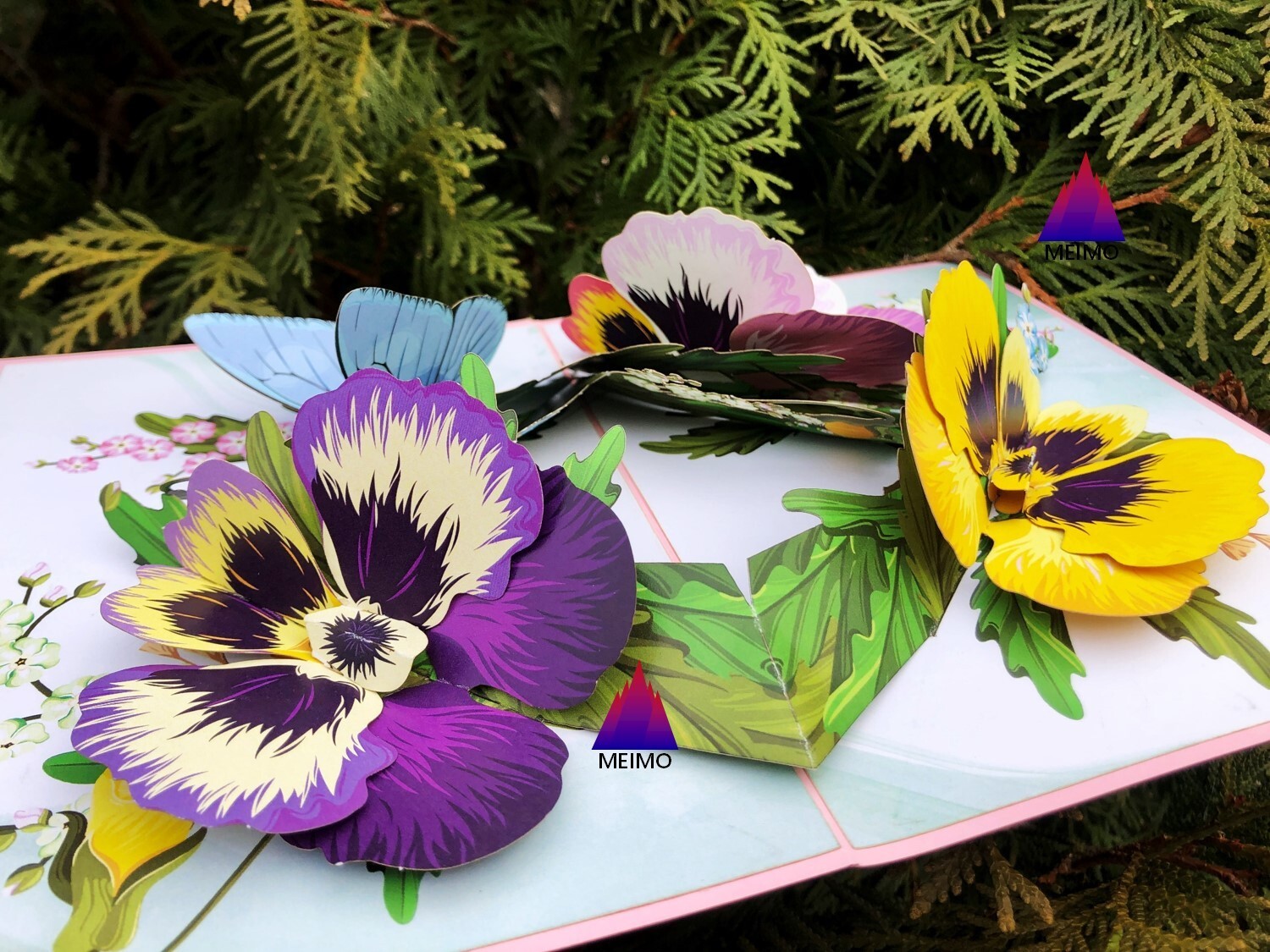 3D Pop Up Greeting Card Flower Floral Pansies Butterfly Birthday Mother Love