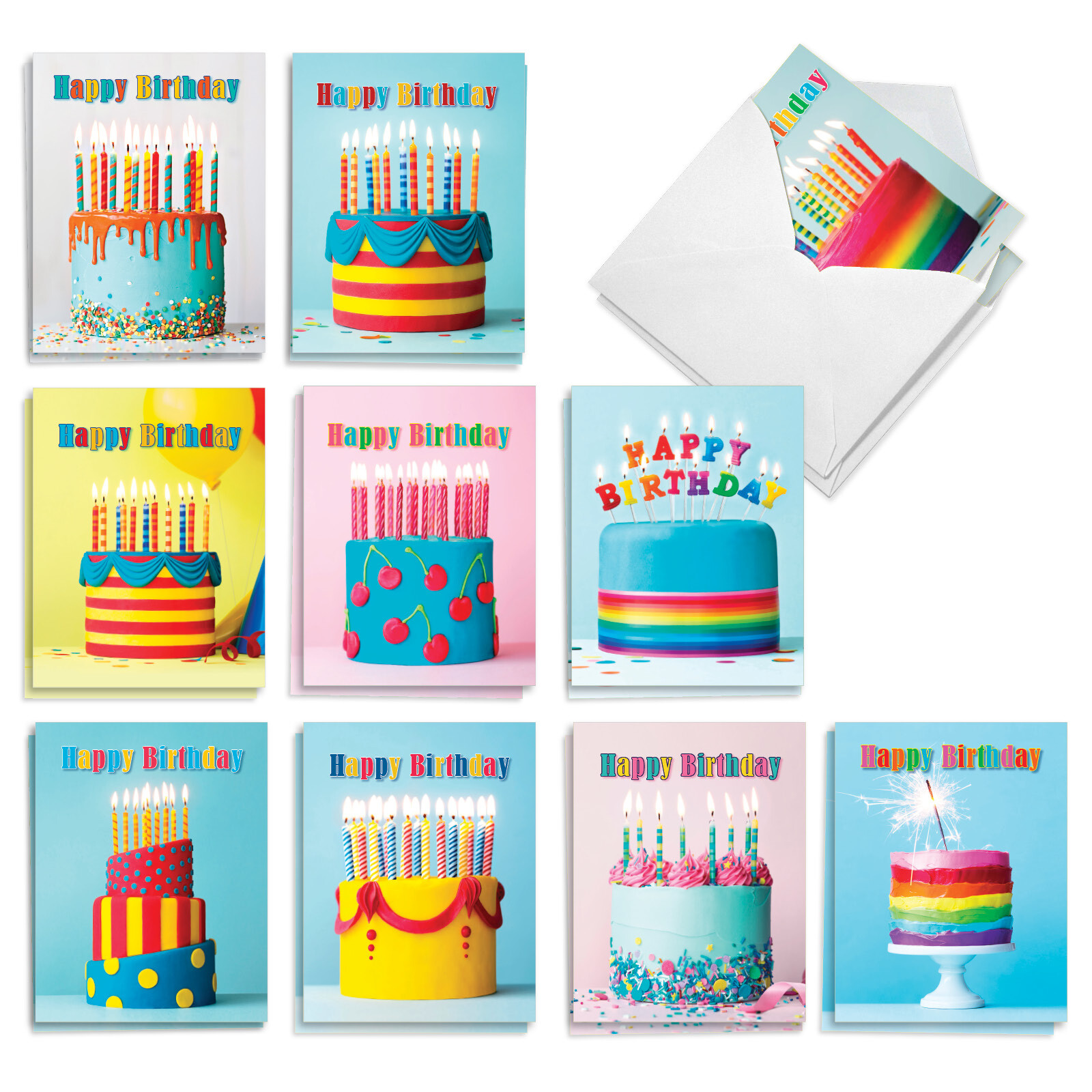 20 Asst’d Blank Birthday Cards 4×5.12″ w/Envelope(10 Designs) Bold Bright Cakes