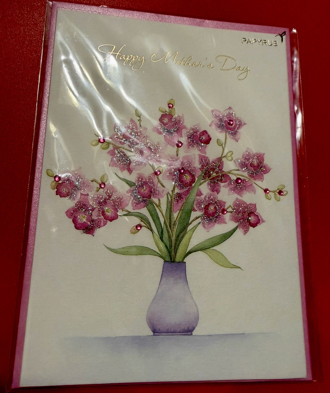 Papyrus Mothers Day Card NEW Bejeweled Glitter Vase Of Flowers Pink Purple