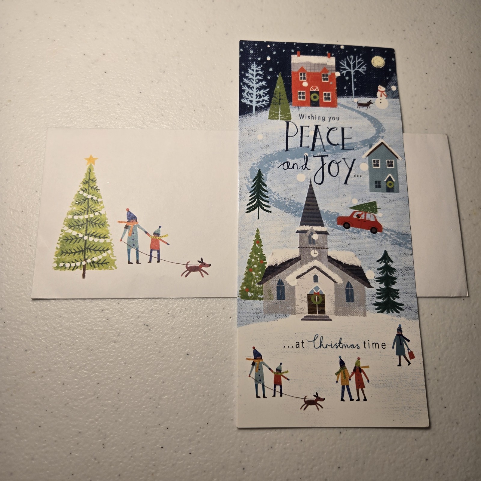 Peace And Joy Christmas Card Snowy Village Church Scene With Envelope