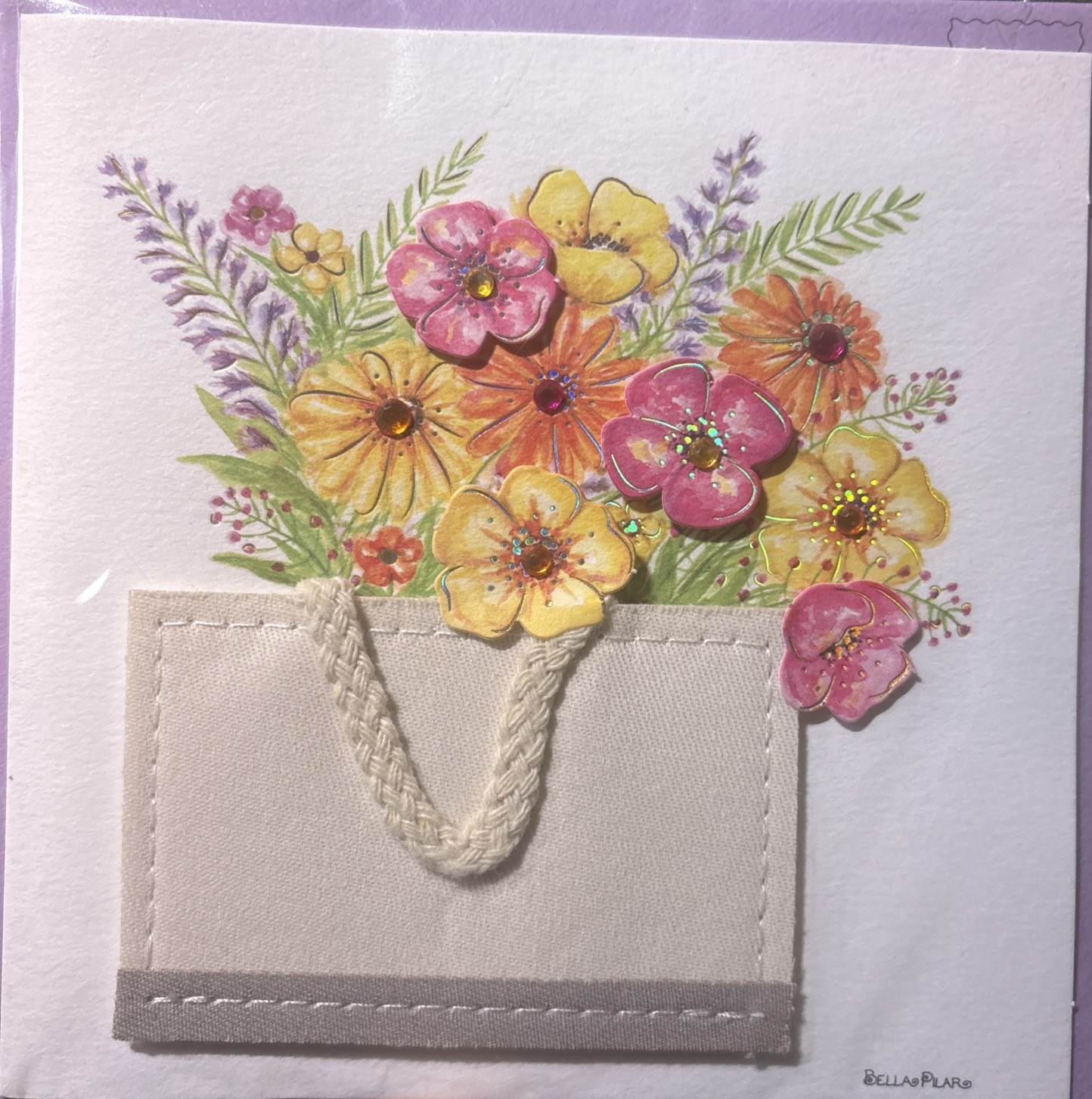 Papyrus~Artist: Bella Pilar~Bag Full Blossom Floral, Jeweled, 3D, Fabric Bag