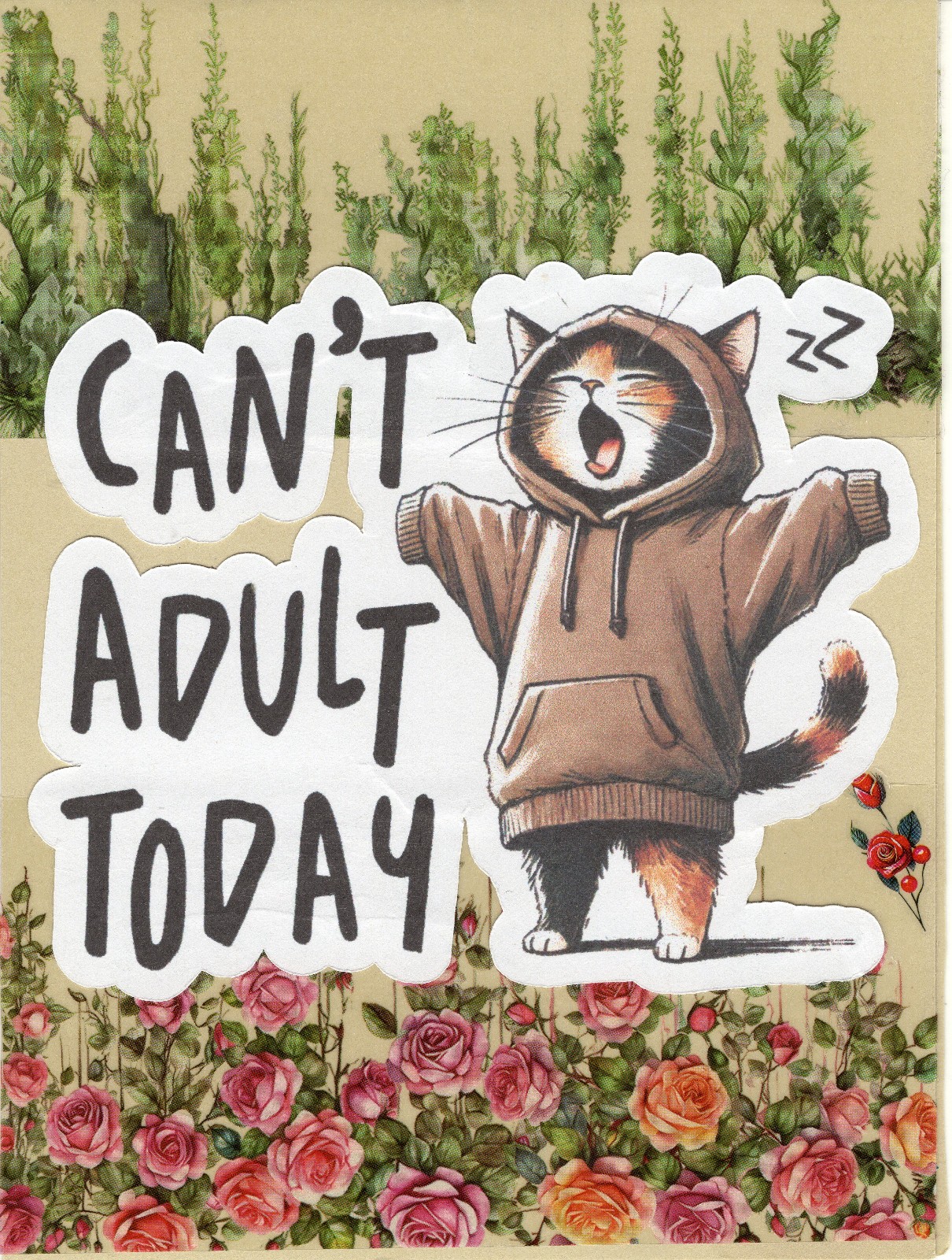 Greeting Card – Note Card 5.5 x 4.25 / Funny Humor Stretching Cat in Hoodie TFC