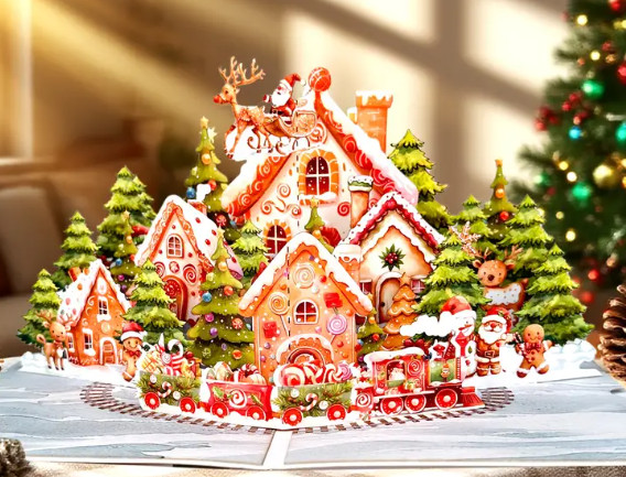 3D POPUP CARD-Gingerbread House with Santa, Snowman, Christmas Tree, Winter Fest