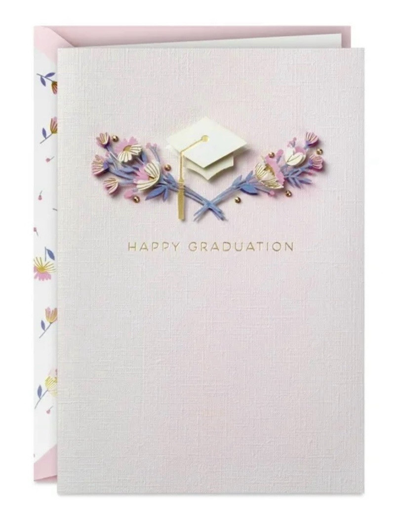 Graduation Card 3D Cutout Pink Floral Gold Foil, Beaded Hallmark Card NEW