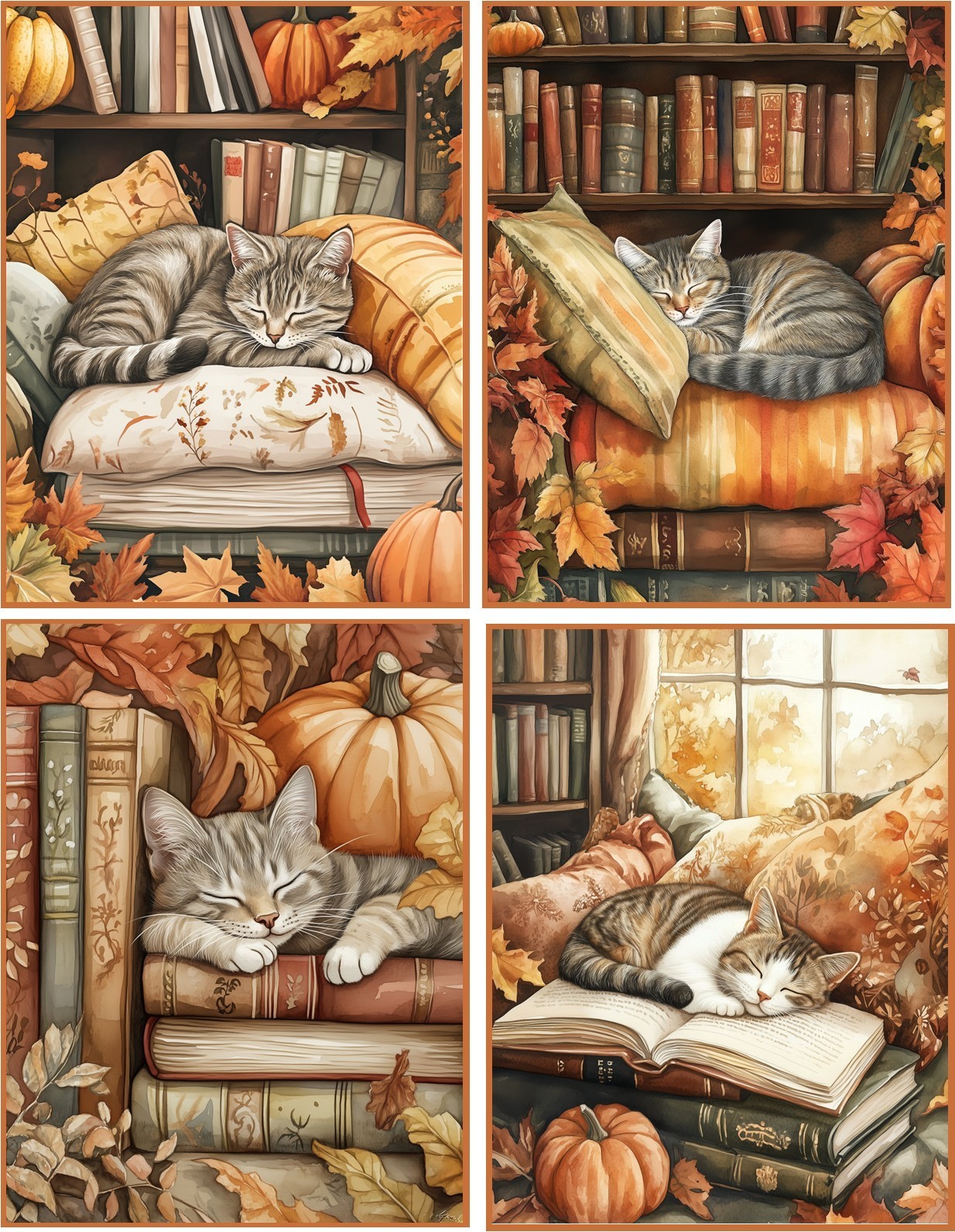 8 CAT Fall Autumn pumpkins glossy blank fold out Note Card envelopes organa bag