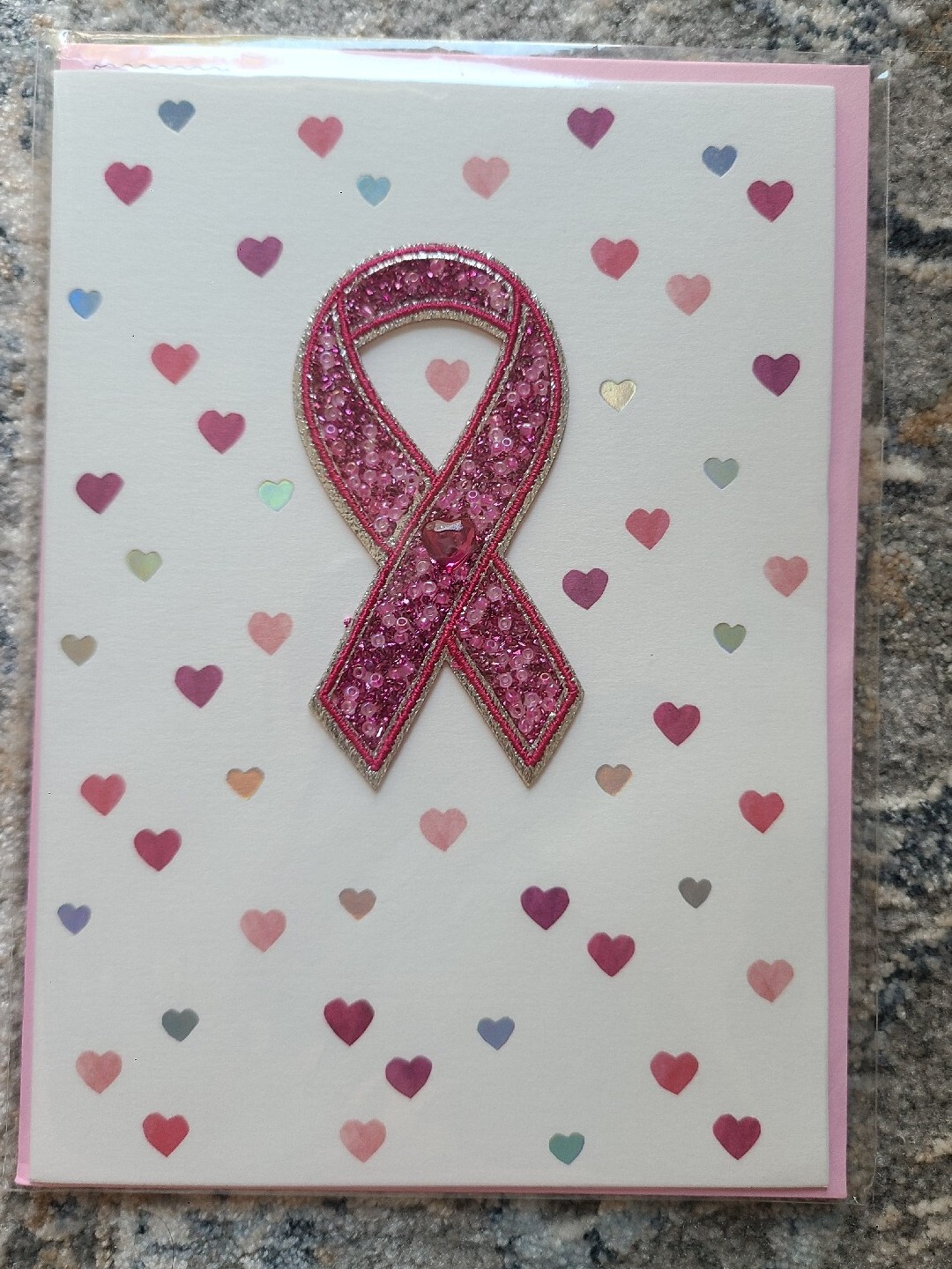 Papyrus BCRF Beaded & Jeweled Pink Ribbon Patch Blank Greeting Card