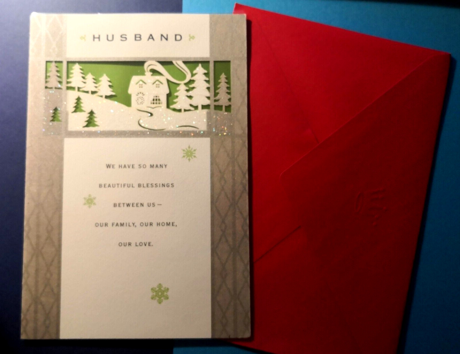 Hallmark Die Cut 3-D House Trees Scene For Husband Christmas Card & Envelope