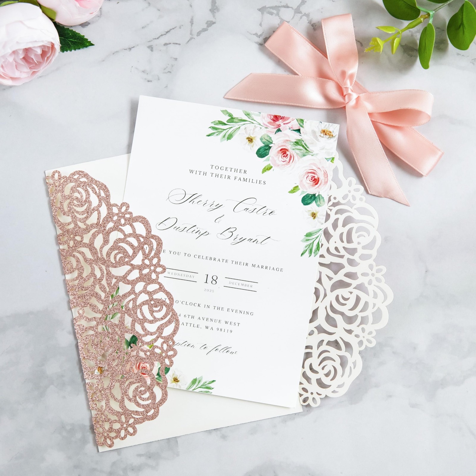 25 PCS 5.12×7.1 Inch Rose Gold Glitter Wedding Invitations Cards Envelopes