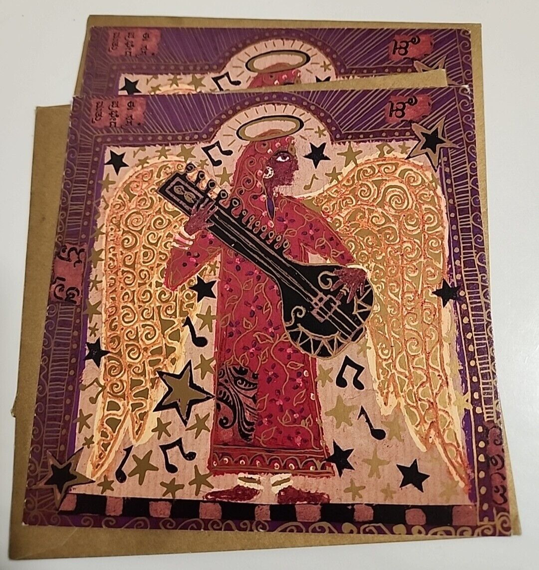 2 Vintage Seasons Greeting Emma Hinchliffe Paper D’Art Noel Cards: Angel w/Sitar