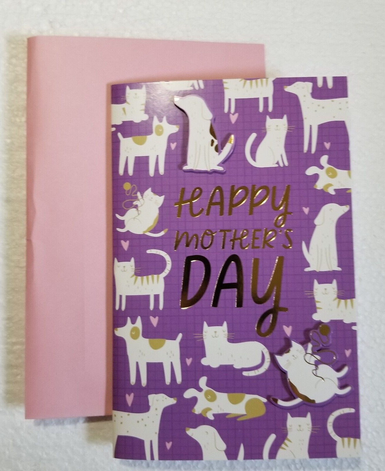 Mother’s Day Greeting Card Dog & Cat Design Foil Lettering Self Sealing Envelope