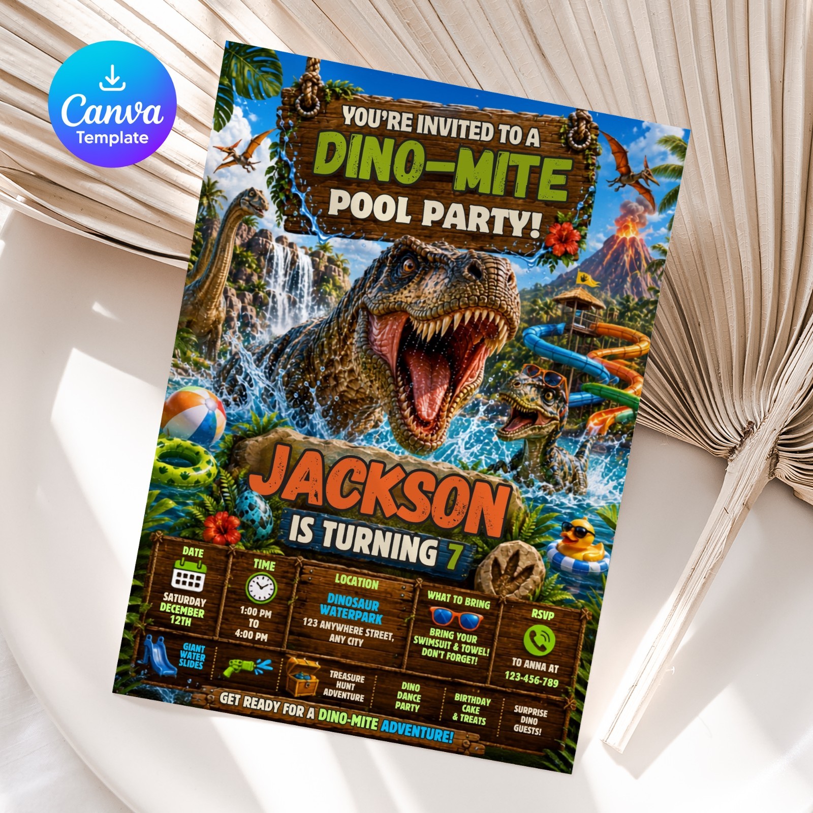 Dinosaur Pool Party Birthday Invitation Editable Canva Template Printable 5×7