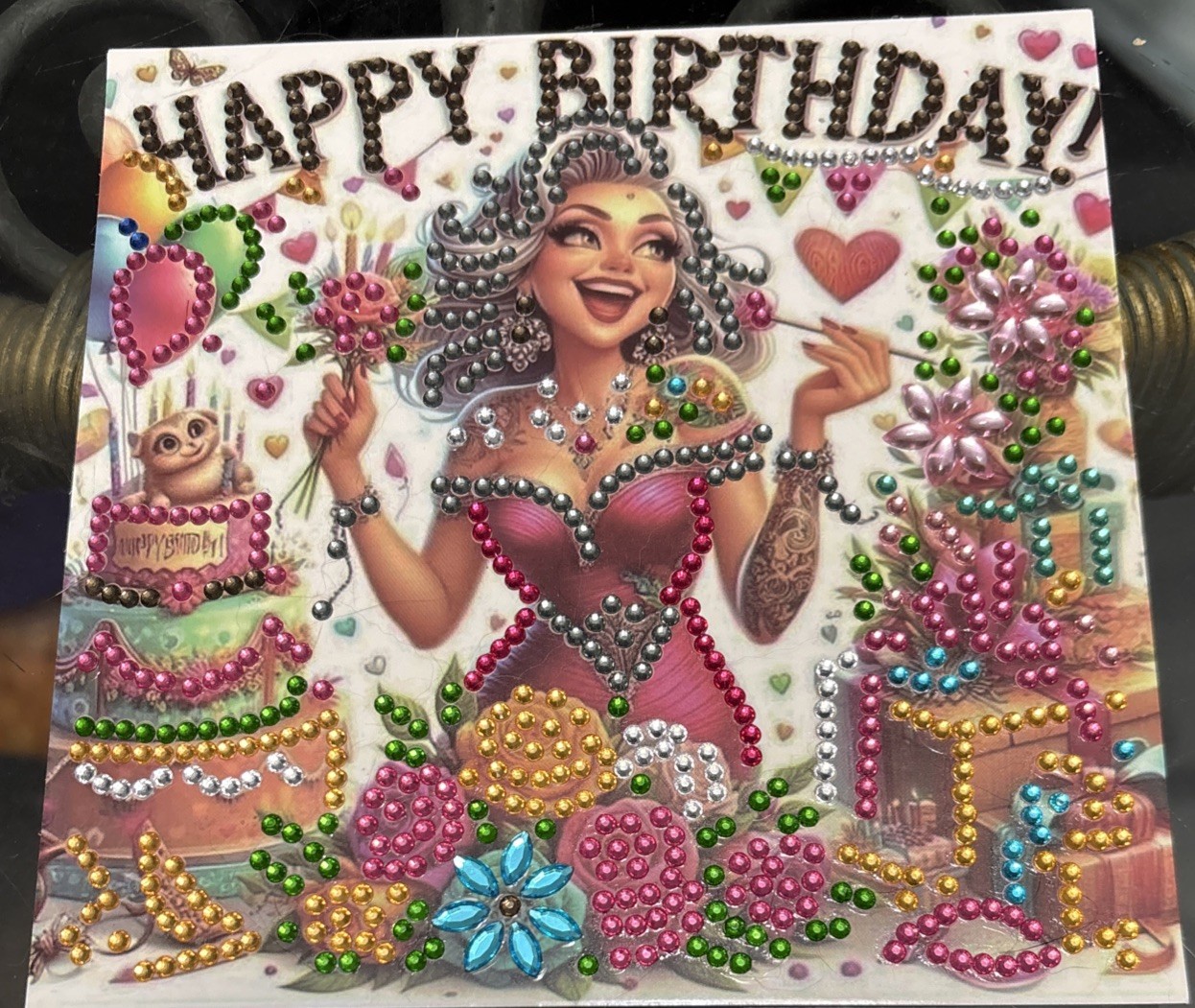 Unique Birthday Diamond Art COMPLETED Greeting Card W/Fancy Lady