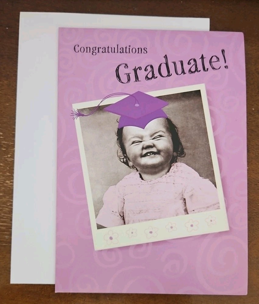 Marian Heath funny Graduation greeting card, smiling baby Graduation theme card