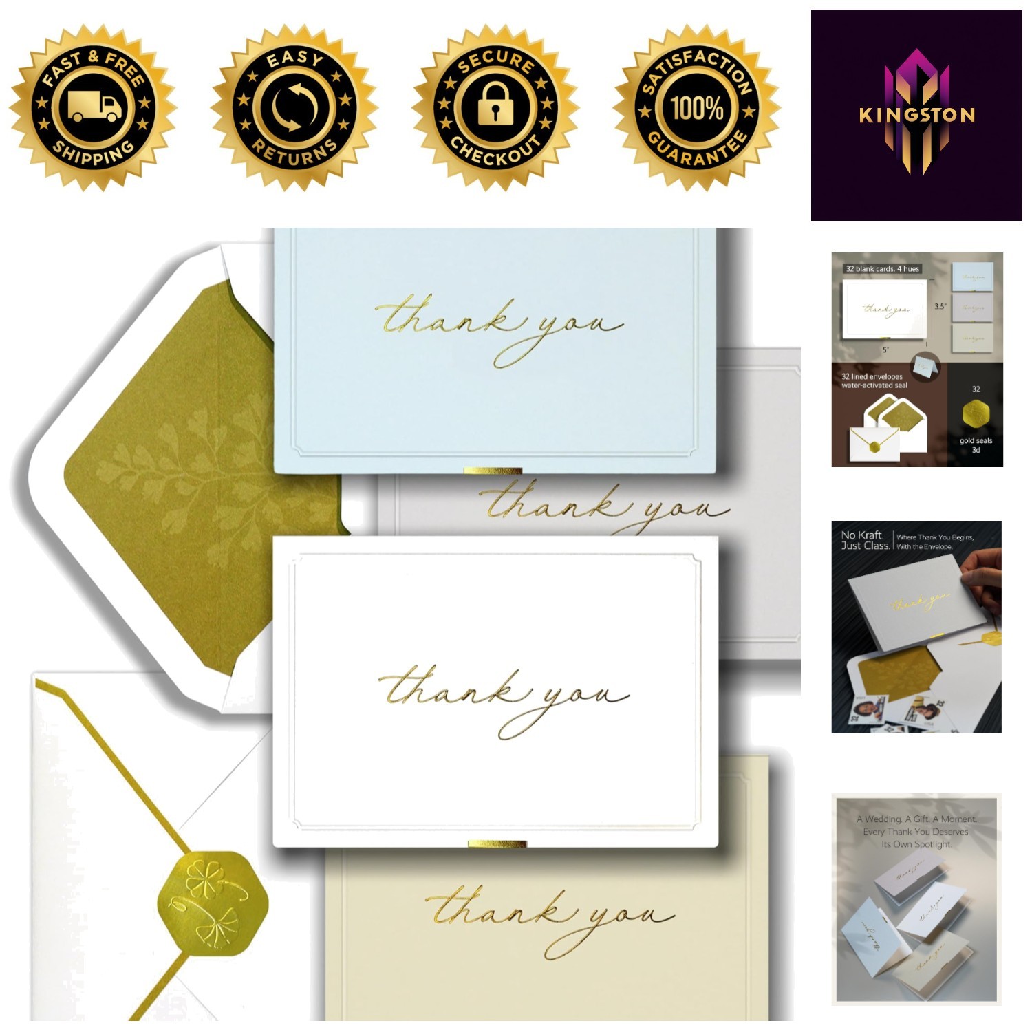 32-Pack Gold Foil Thank You Cards with Envelopes – Elegant Vintage Design