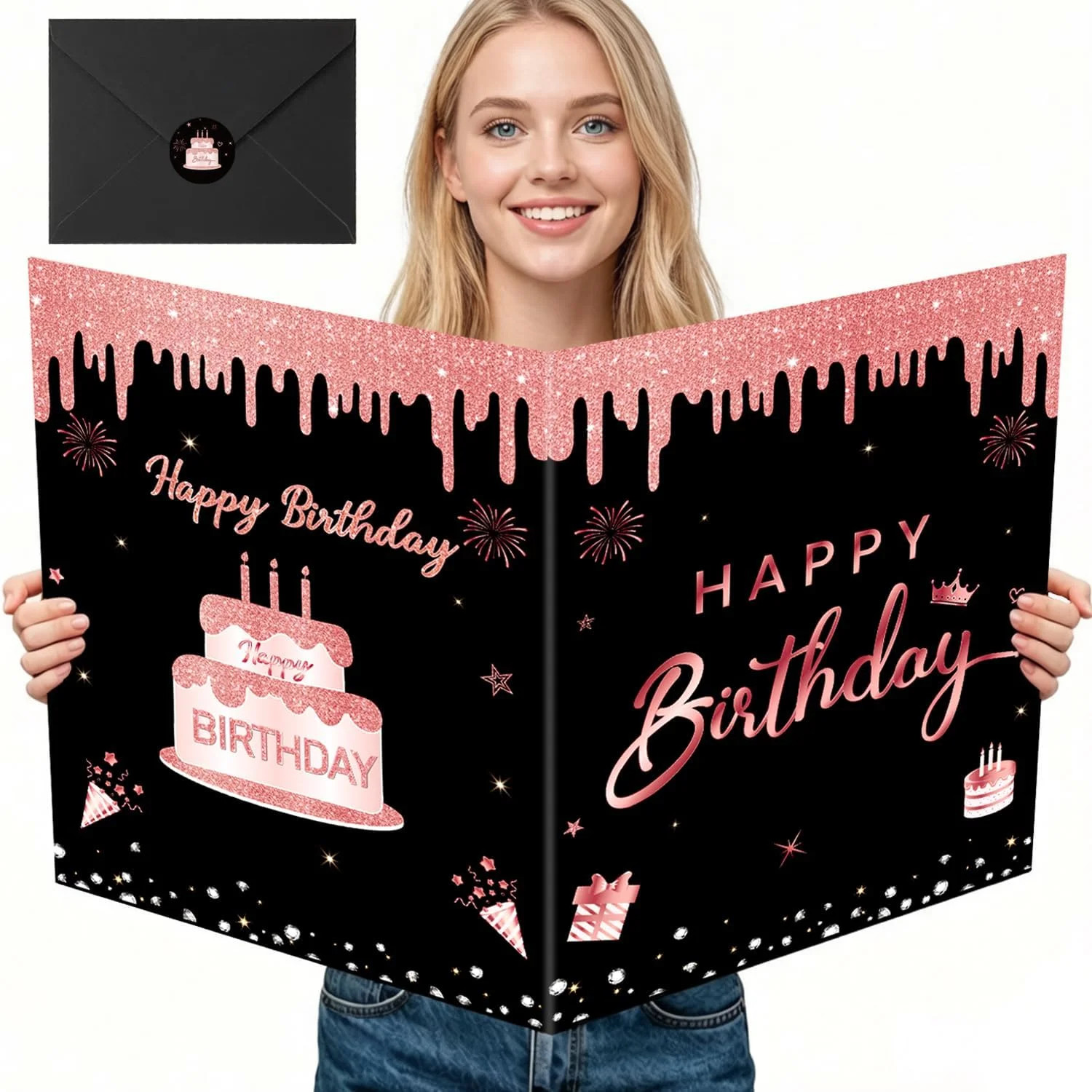 Black and Rose Gold Giant Birthday Card with Envelope, Large Happy Birthday Gues