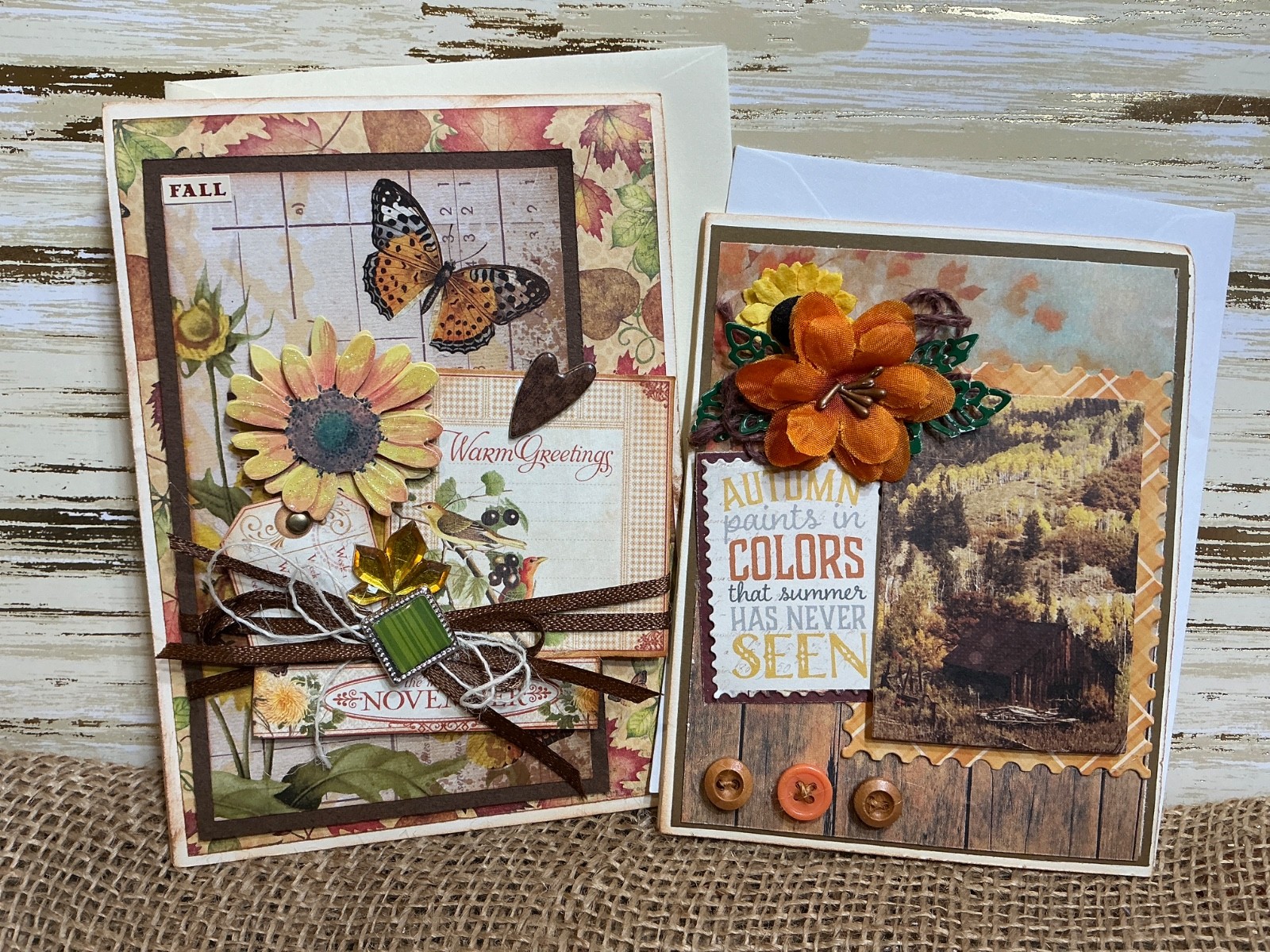 Set Of 2 Hand Crafted Fall Greeting Cards With Envelopes