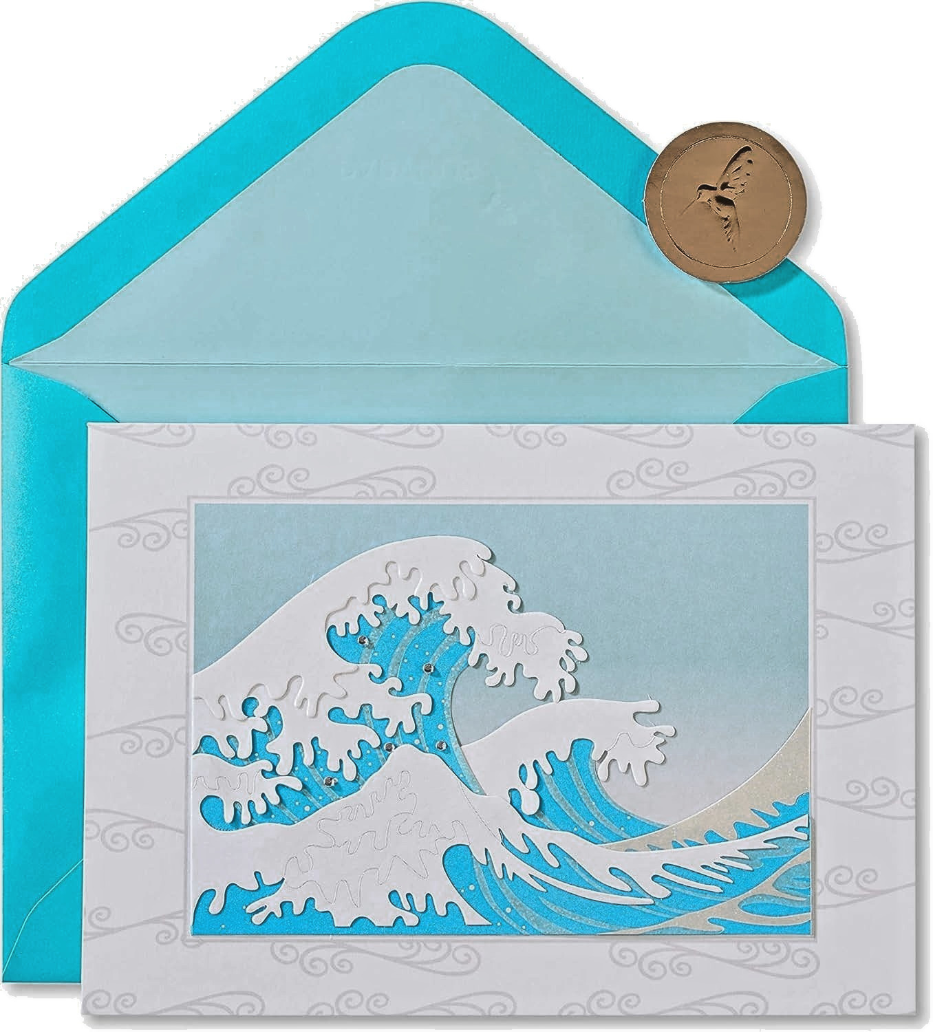 Papyrus Blank Card All Occasion Japanese Hokusai Waves 3D Jewels Iridescent New