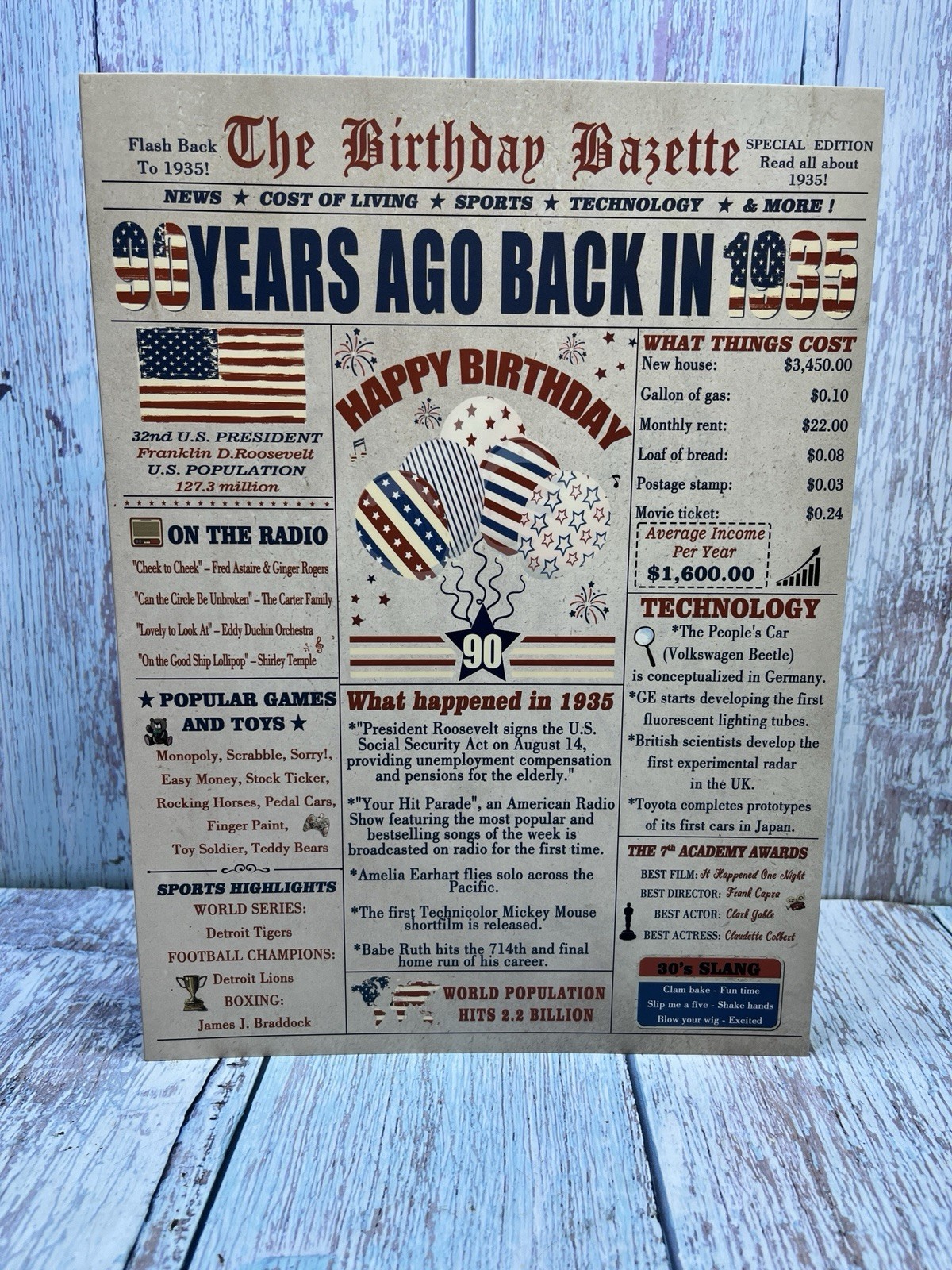 90Th Birthday Card for Men Women – Patriotic Newspaper Born in 1935 – 11×8”