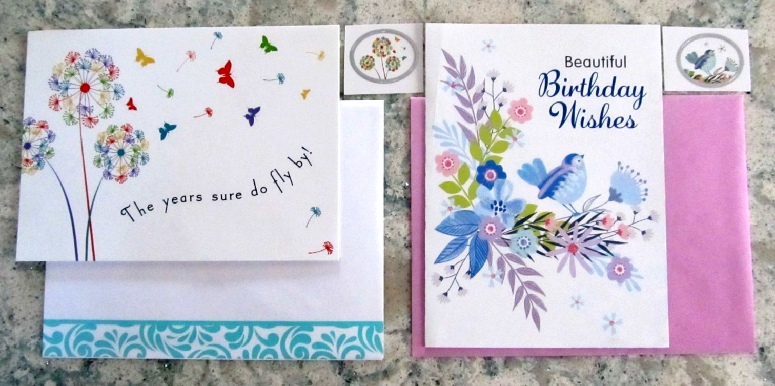 2 Greeting Cards, Envelopes & Env. Seals – 1 Birthday & 1 Blank – Bird & Flowers