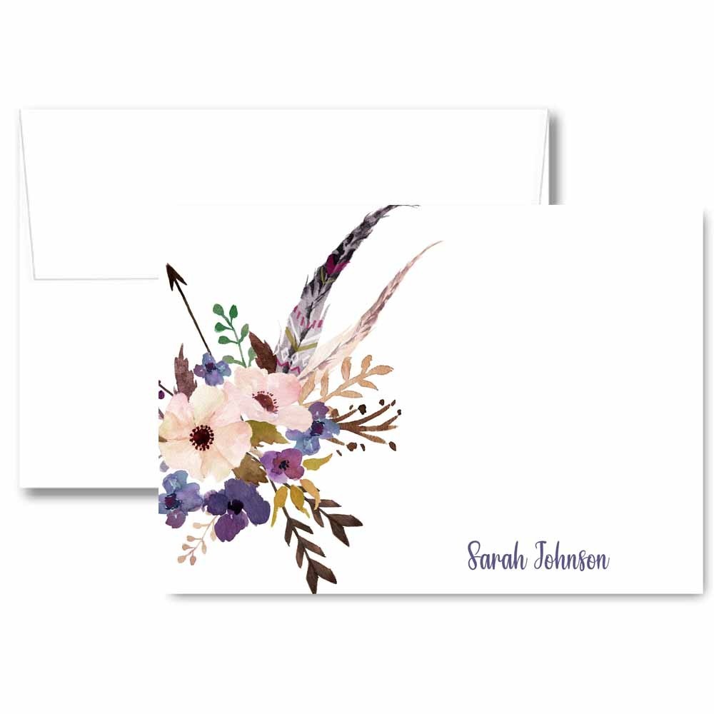 Personalized Purple Floral Stationery Note Cards Gift with Name (SETS OF 20)