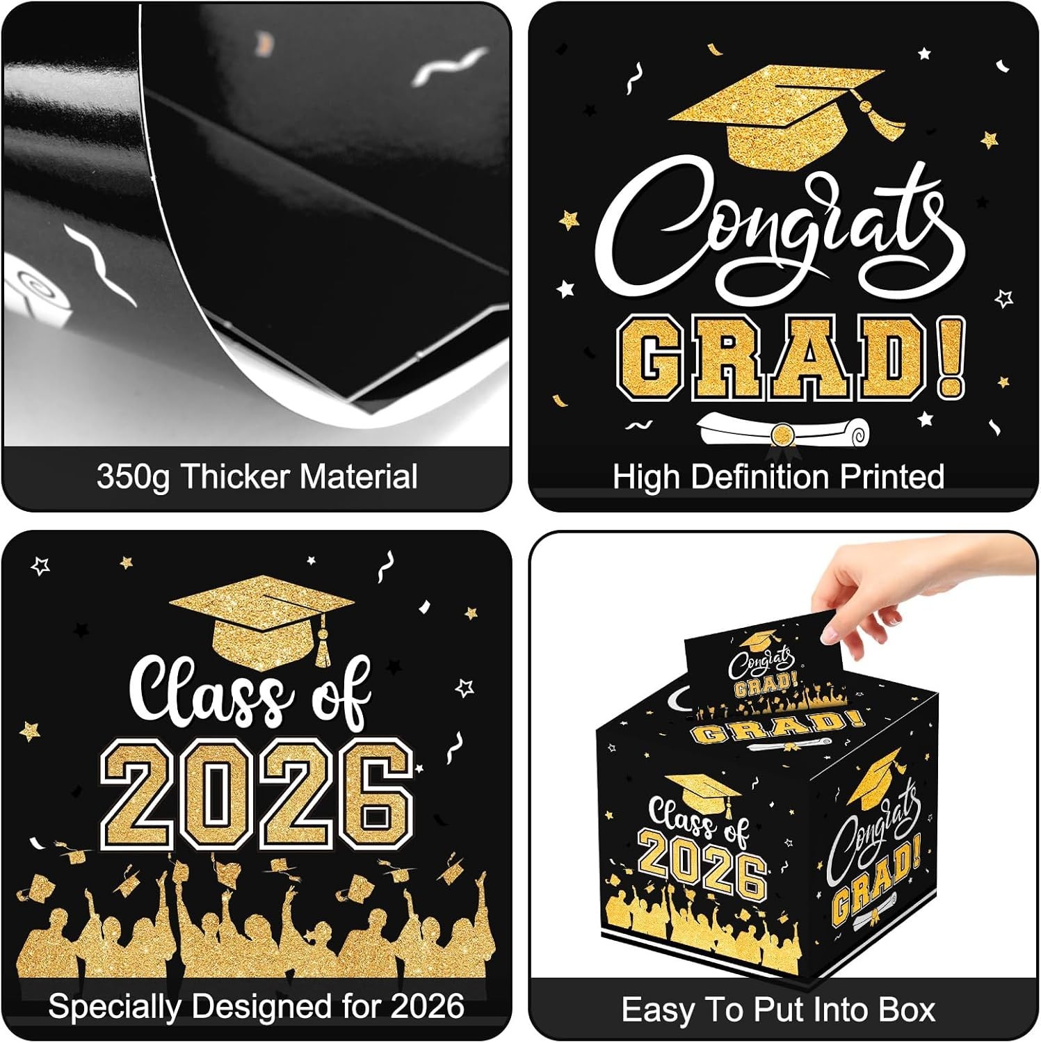 Black & Gold Graduation Card Box 2026, 9x9x9 inches, Class of 2026 Gift Organ…