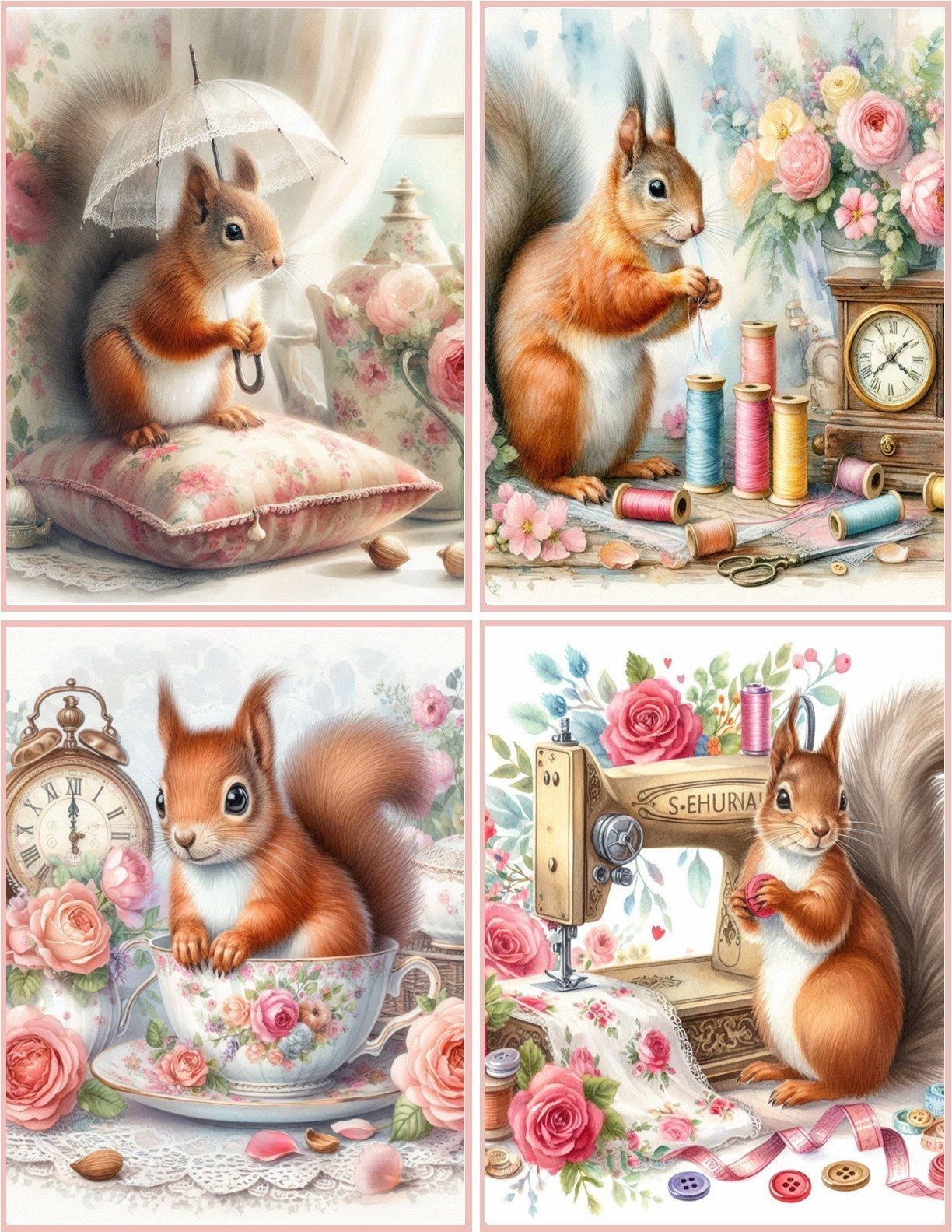 8 Squirrel Fantasy Shabby Chic Tea Cup glossy blank fold out Note Card envelopes