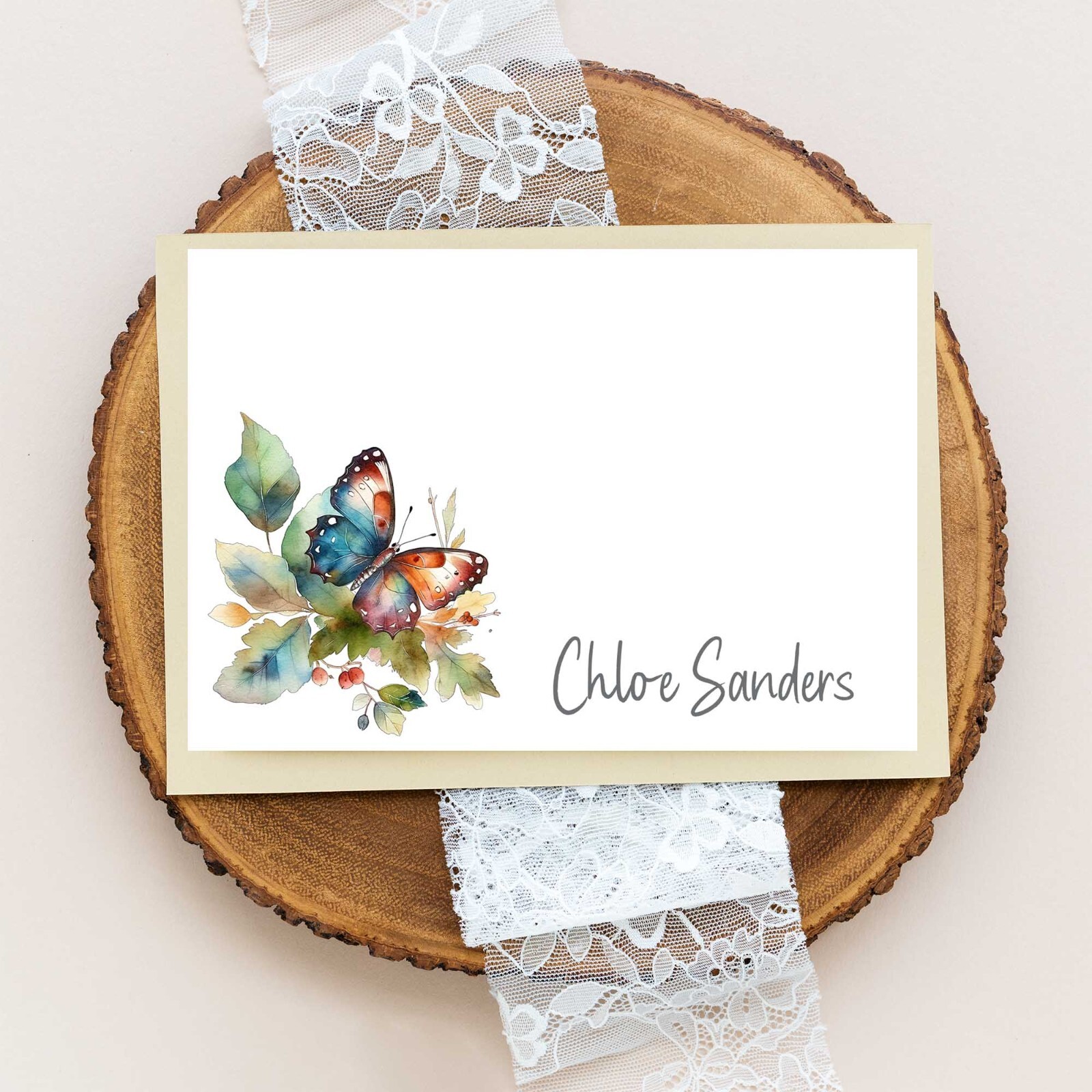 PERSONALIZED – 12 Flat Note card, Floral Stationery with Envelopes – Butterfly