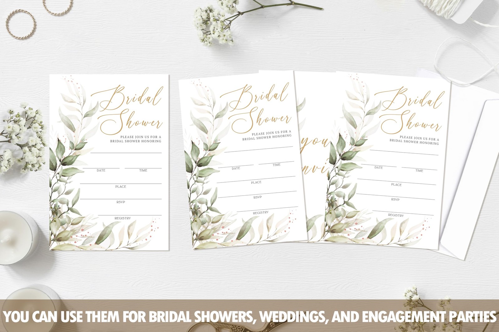 Gold Foil Greenery Bridal Shower Invitations With Envelopes, Minimalist Weddi…