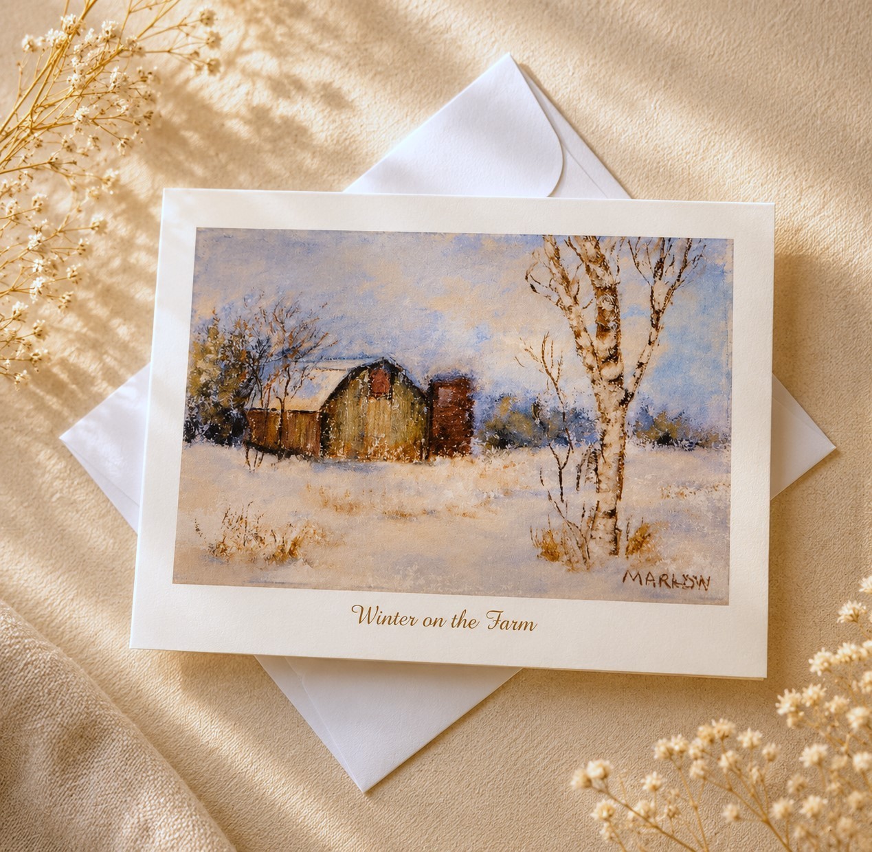 greeting cards, original art work, set of 4 greeting cards,, winter on the farm