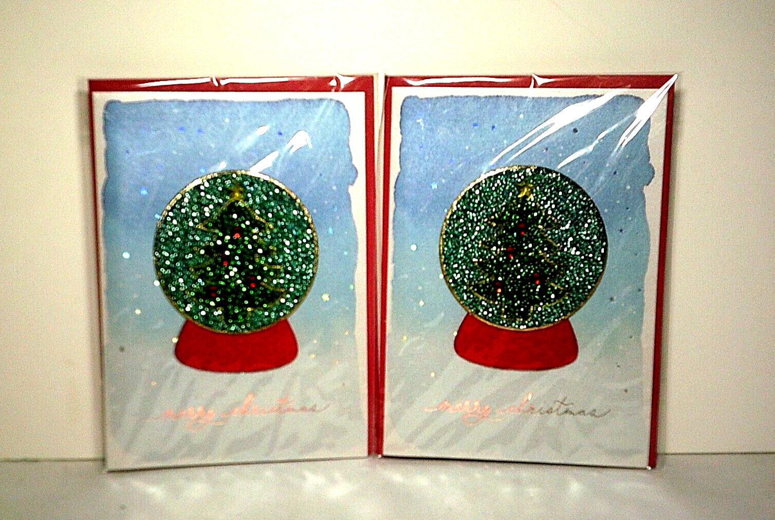 Papyrus Christmas Tree Snowglobe 3D Card Beaded Gems Layered Felt Foil Lot of 2