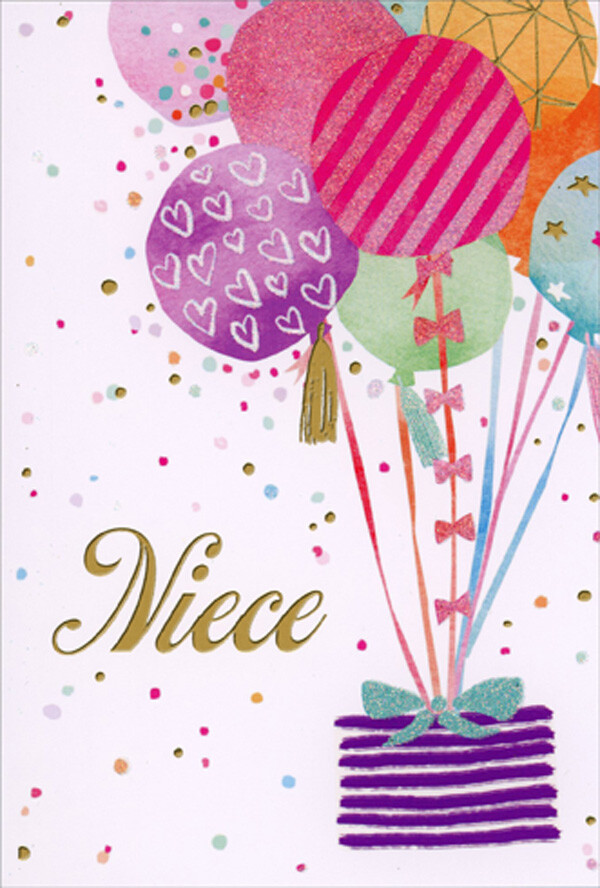 Pictura Shimmering Balloons Tied to Purple Gift Birthday Card for Niece