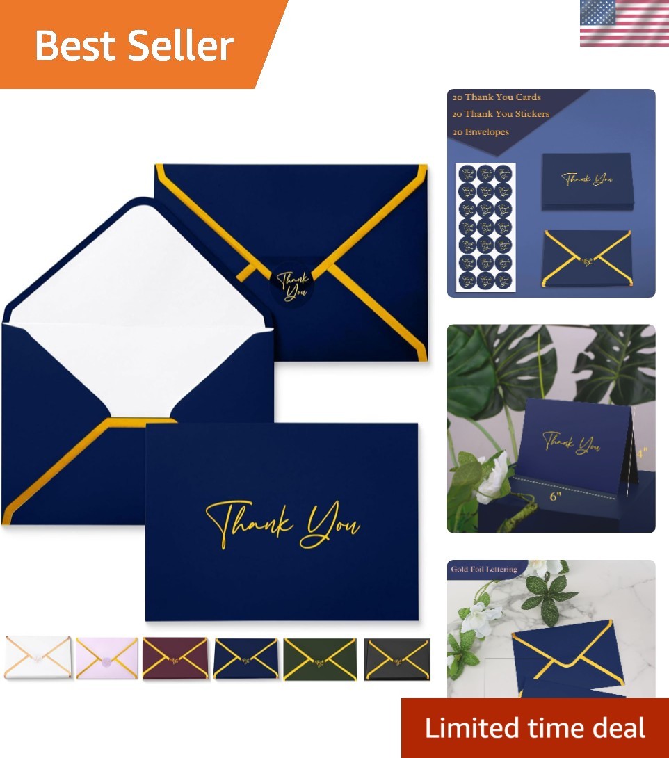 Luxury Blank Thank You Cards with Envelopes, 20 Pack, Navy Blue Gold Foil Design
