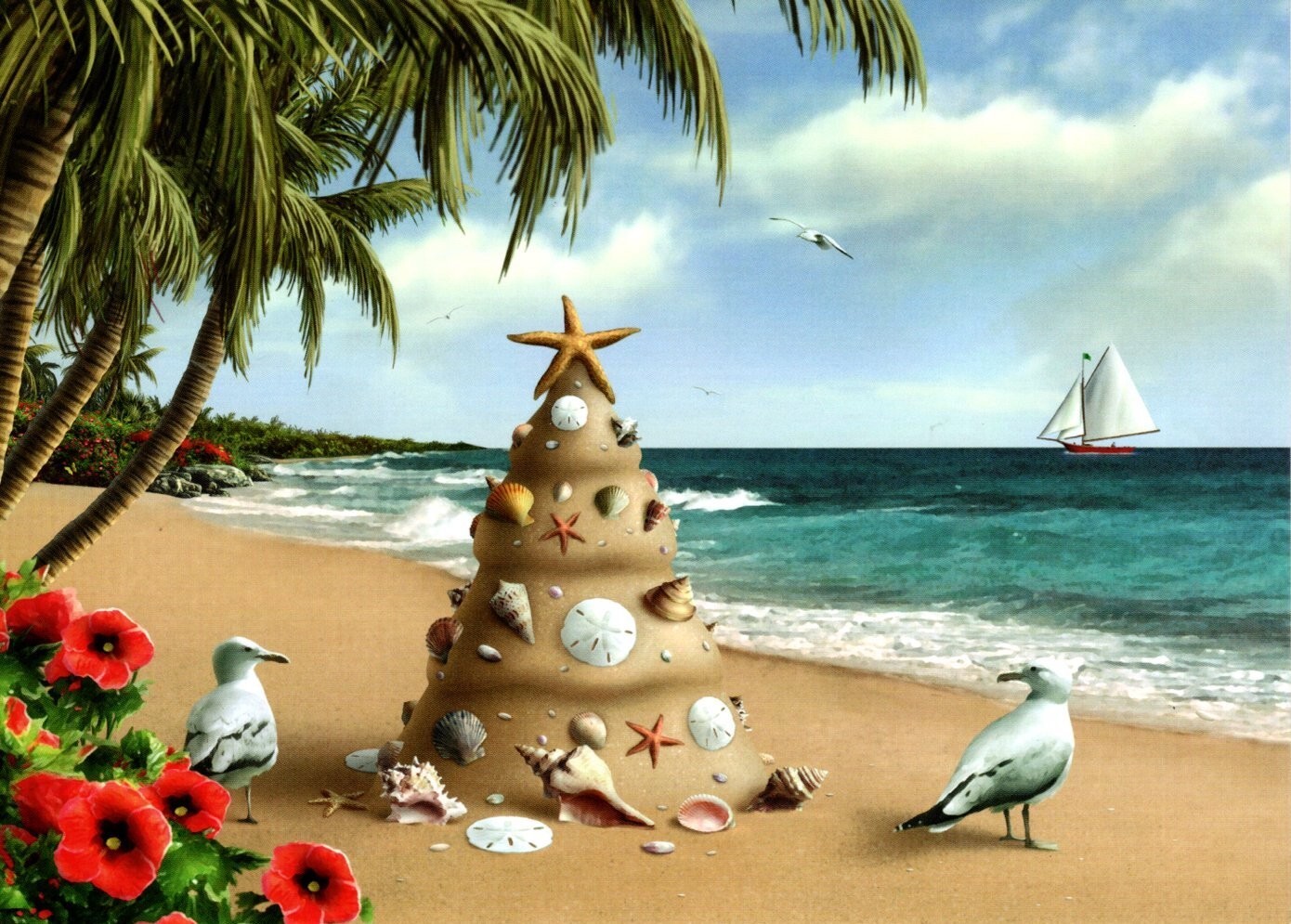 Merry Christmas Warm Wishes Beach Shells & Sandcastle Greeting Cards – Set of 9