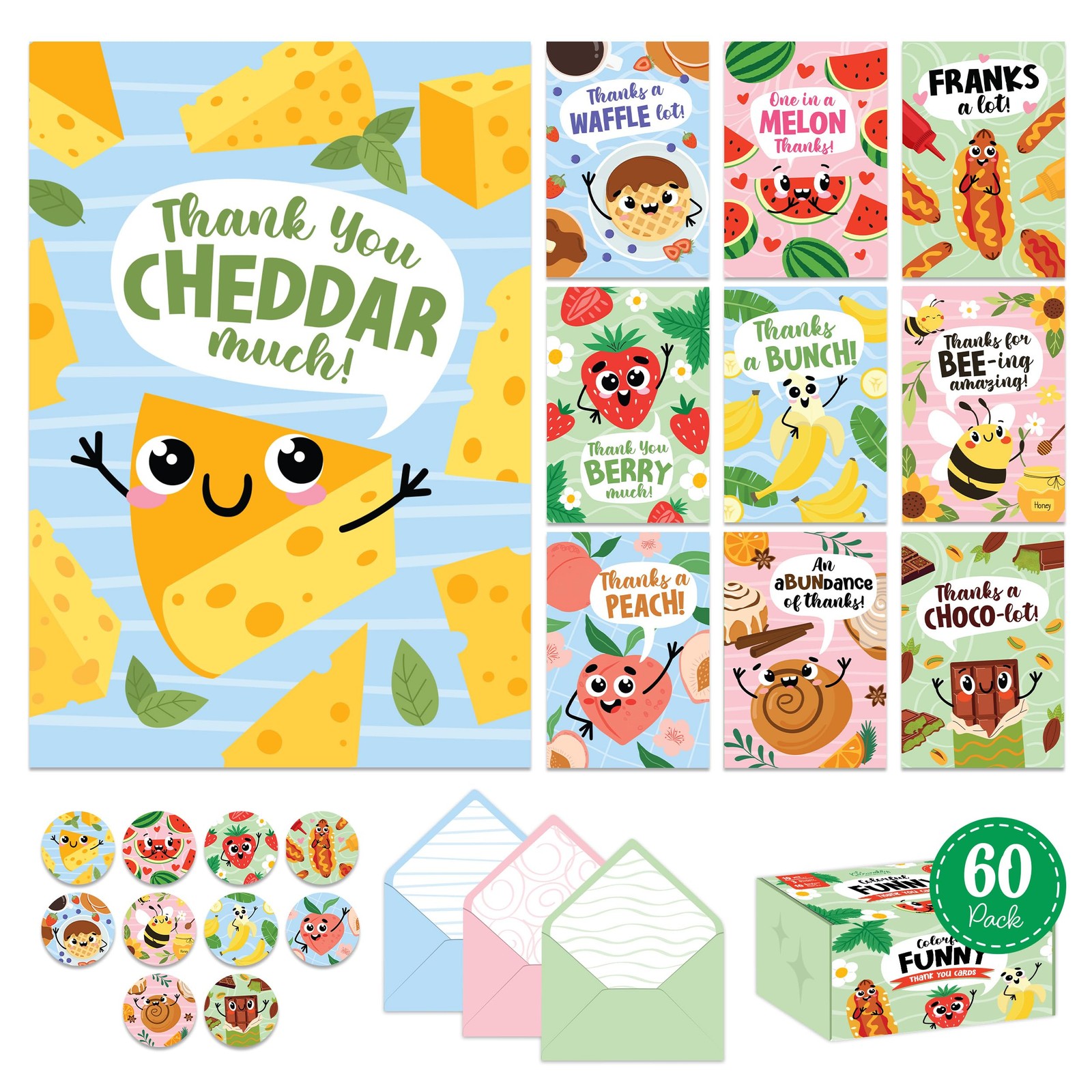 60 Pack 3.5x5in Colorful Funny Kids Thank You Cards with Envelopes & Stickers fo