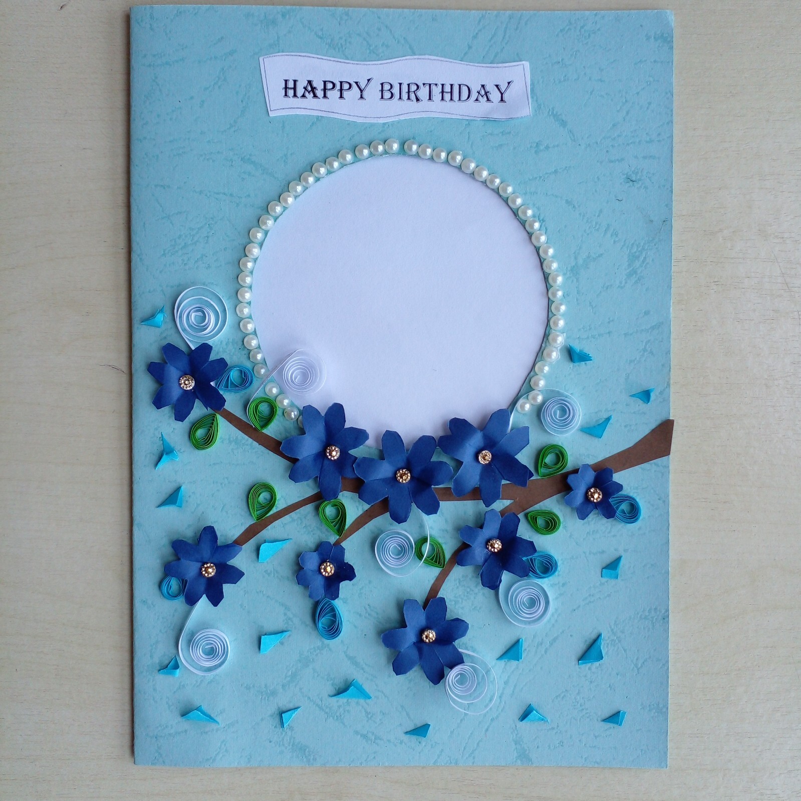 Sri Lanka B’day Card Handmade Paper Quilled Lovely Blue Flower With White Beads
