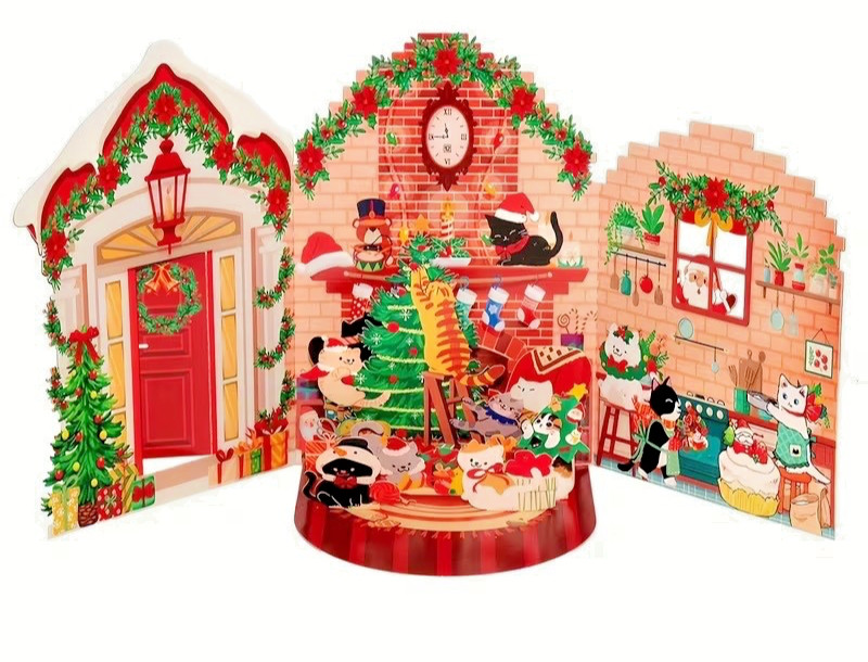 3D Pop up Christmas Card featuring Cats & Christmas Scene with envelope