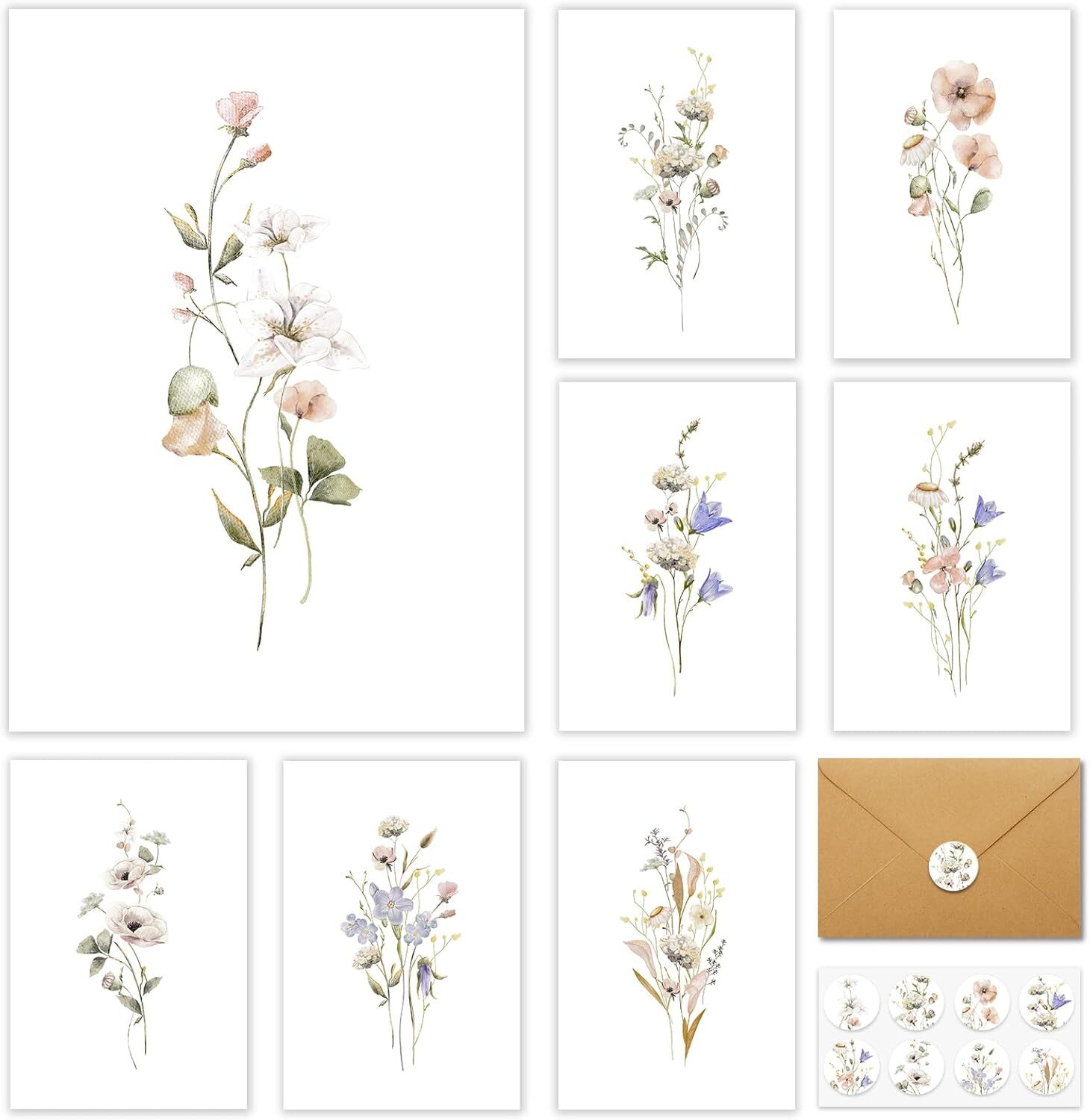 Blank Note Cards, 32 Pack, 8 Assorted Floral Designs, 4″ X 6″