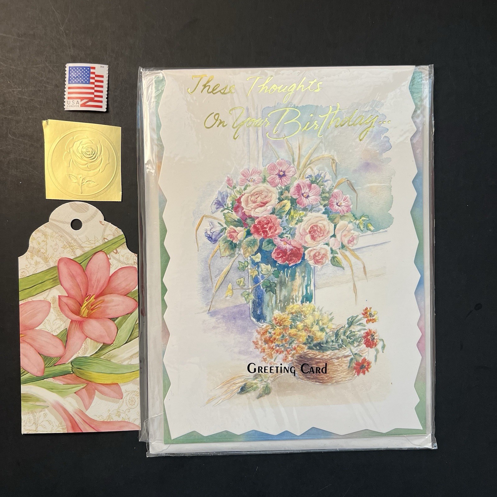 Sealed Roses & Pastel Bouquet BIRTHDAY Card w/Env/Gift Tag/Seal/Stamp BN